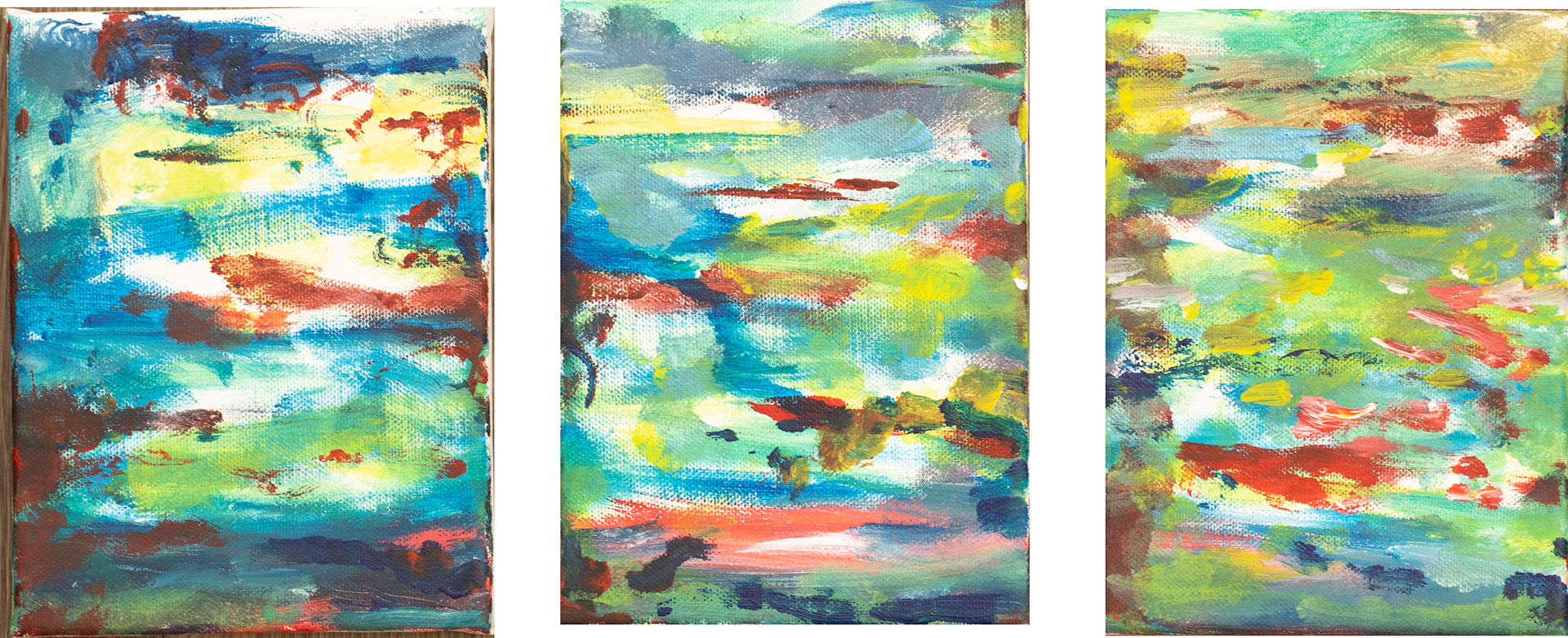 40. TRIPTYCH: 1. FISH HAVING FUN 2. CORAL & SEAWEED 3. ROCKYHOLE REFLECTIONS, acrylic on canvas, 15x20cm (x3)