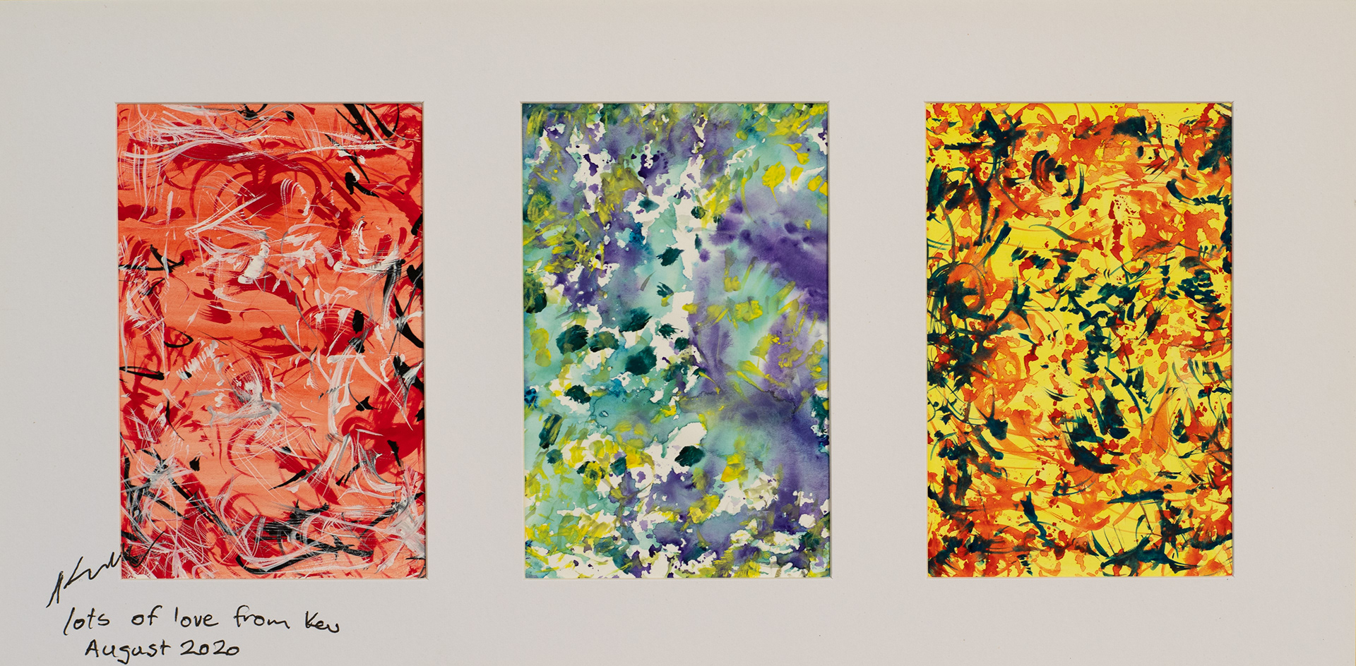 31. LOTS OF LOVE FROM KEV, acrylic on postcards, 13x9.5cm (x3 postcards)