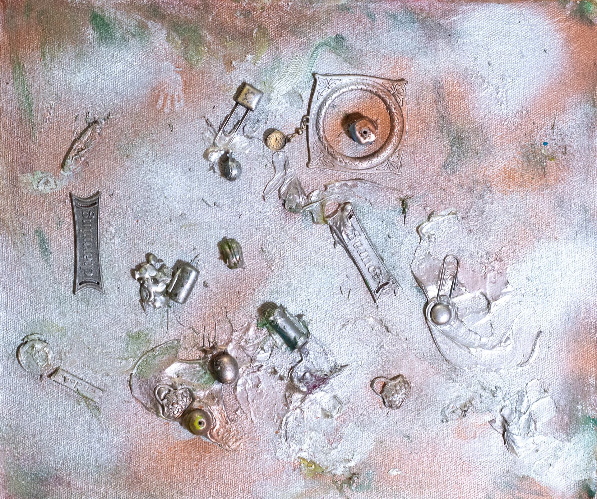 13. COURAGE, found objects, acrylic on canvas 30x25cm