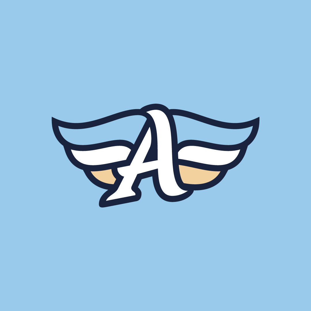 Winged monogram logo exploration, combining aviation feel with athletic identity