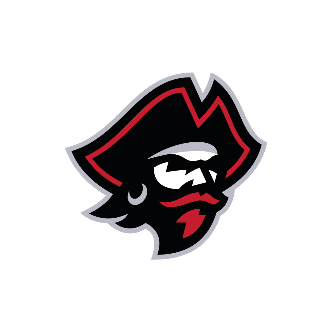 Pirate mascot logo with bold red accents, designed for an aggressive team identity