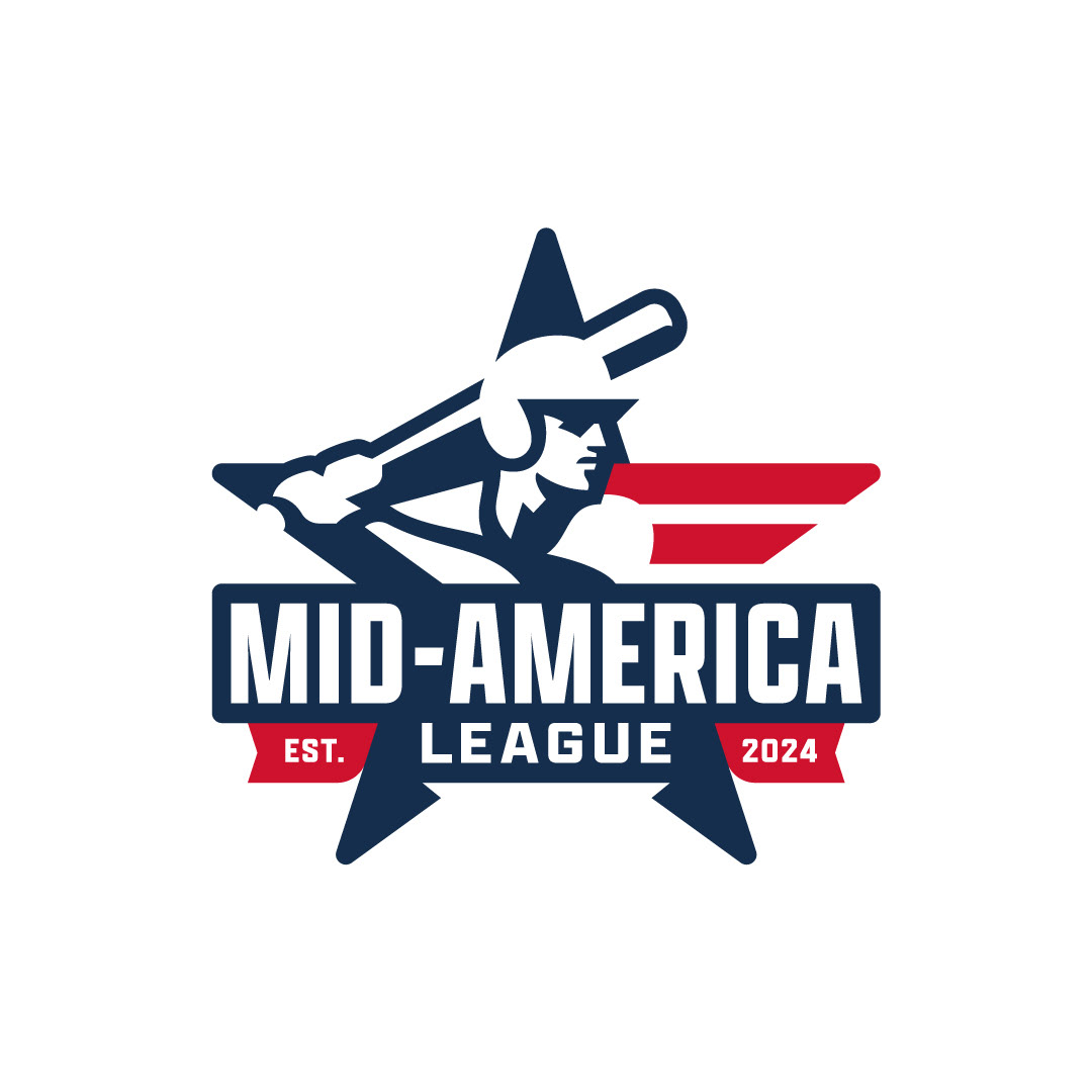 Mid-America League logo — patriotic baseball identity with dynamic player silhouette