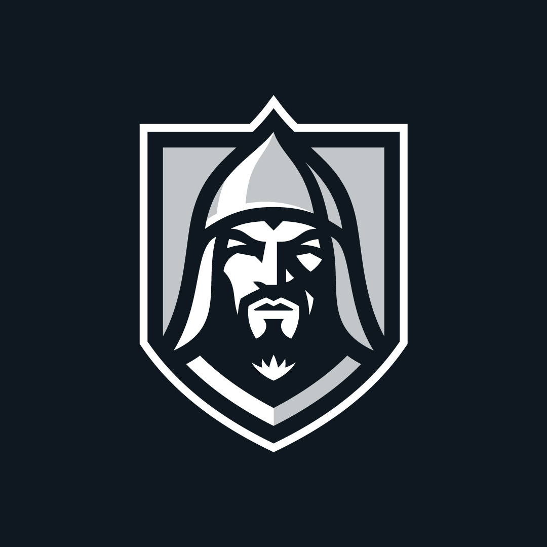 Warrior mascot logo with medieval helmet inside a shield, representing resilience and power