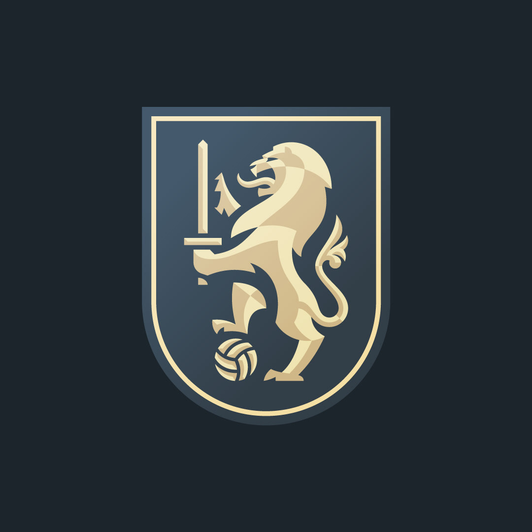 Crest logo featuring a lion holding a sword and ball — symbol of strength and heritage in sports branding