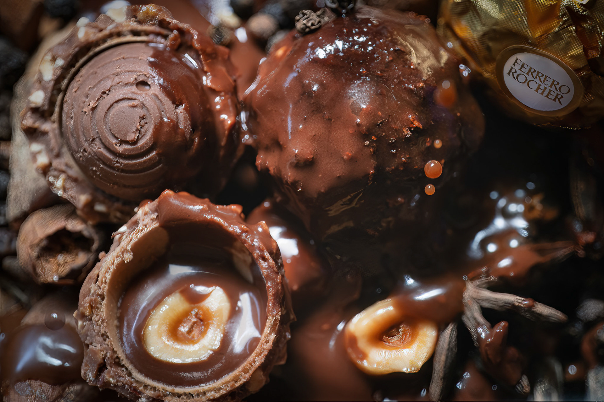 Indulge in the temptation of rich chocolate with this enticing closeup of spilled chocolate adorning a Ferrero Rocher. This decadent treat is a true delight for the senses, capturing the essence of pure indulgence.