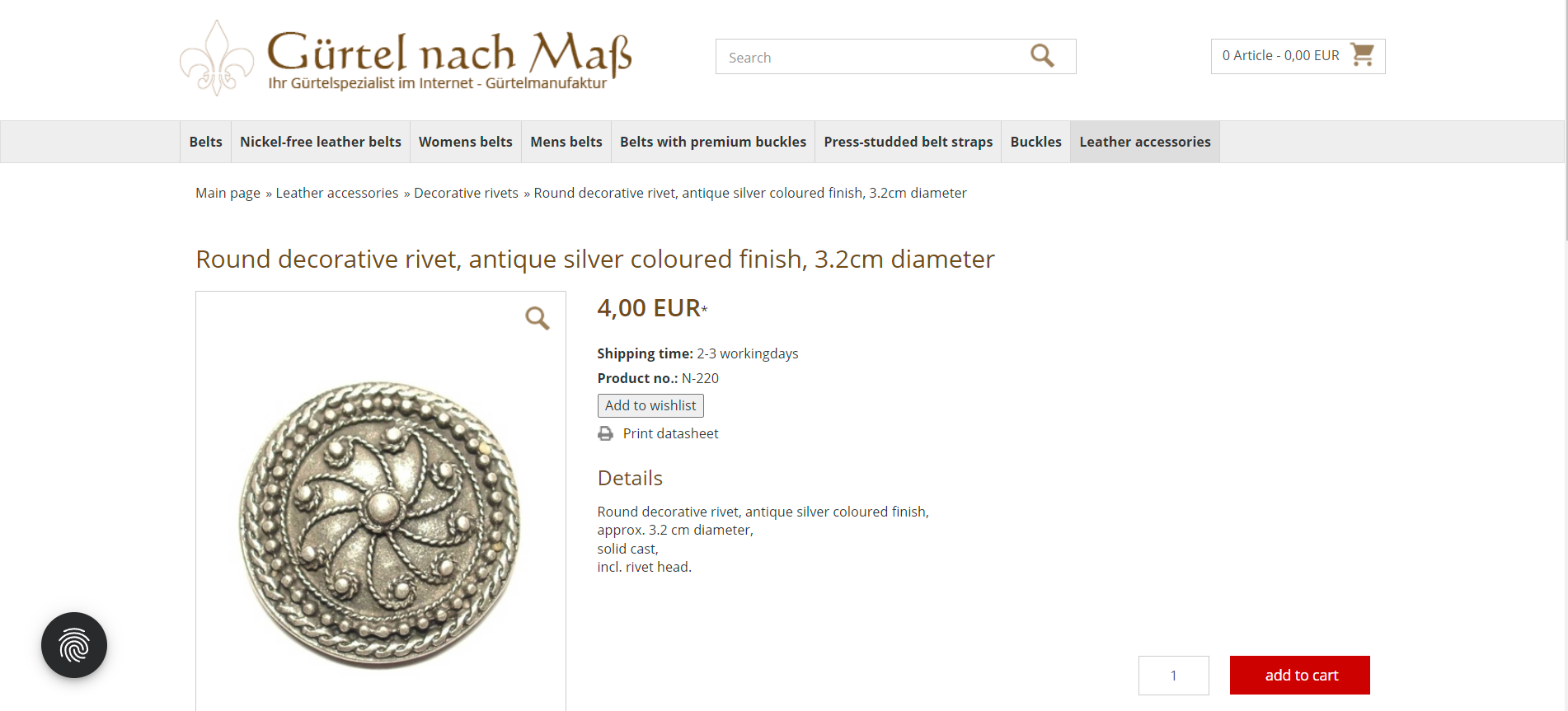 https://www.guertel-nach-mass.de/round-decorative-rivet-antique-silver-coloured-finish-32cm-diameter.html