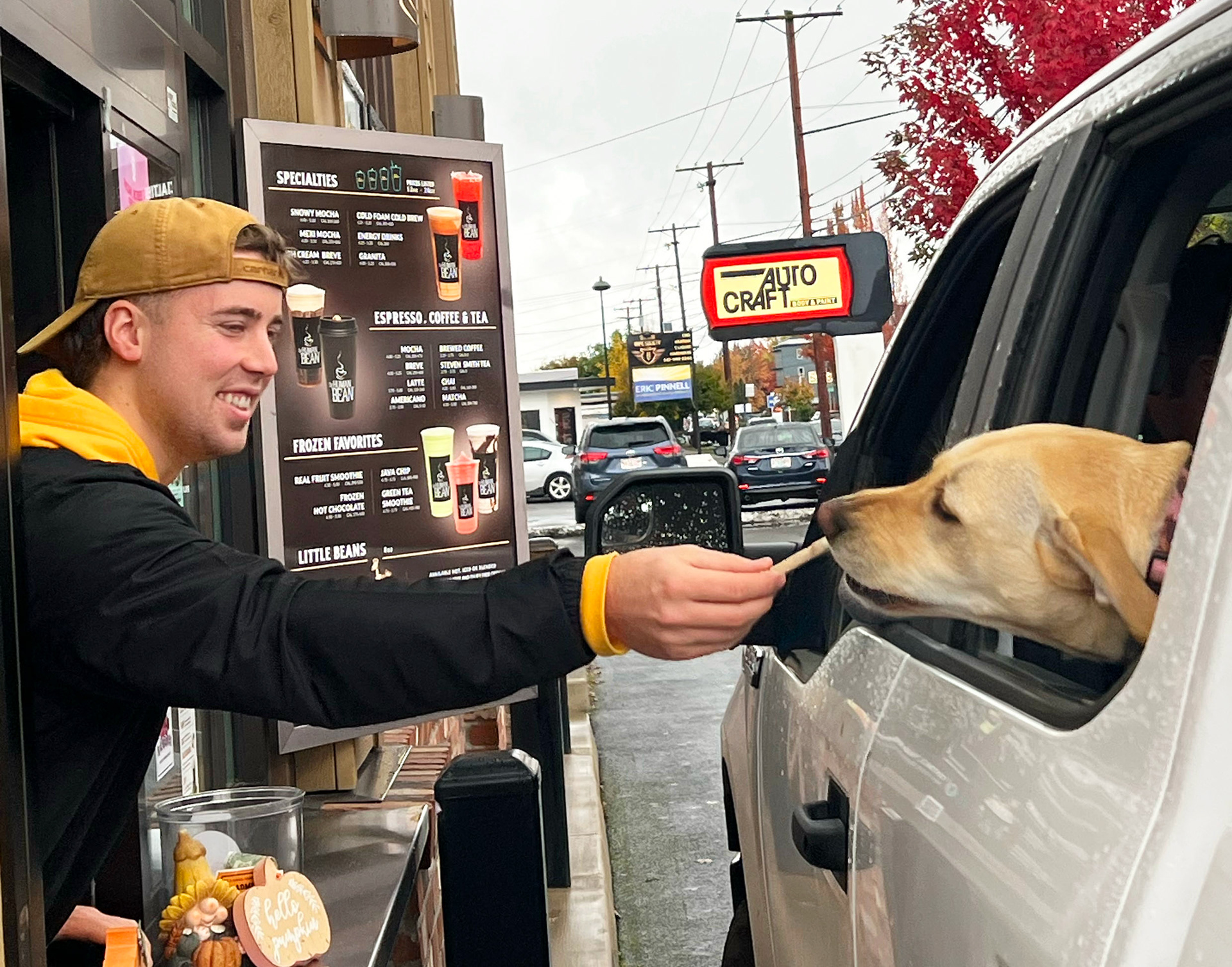 The Human Bean serves all their customers no matter what species. Fankhanell enjoys handing out treats to the occasional furry passenger.