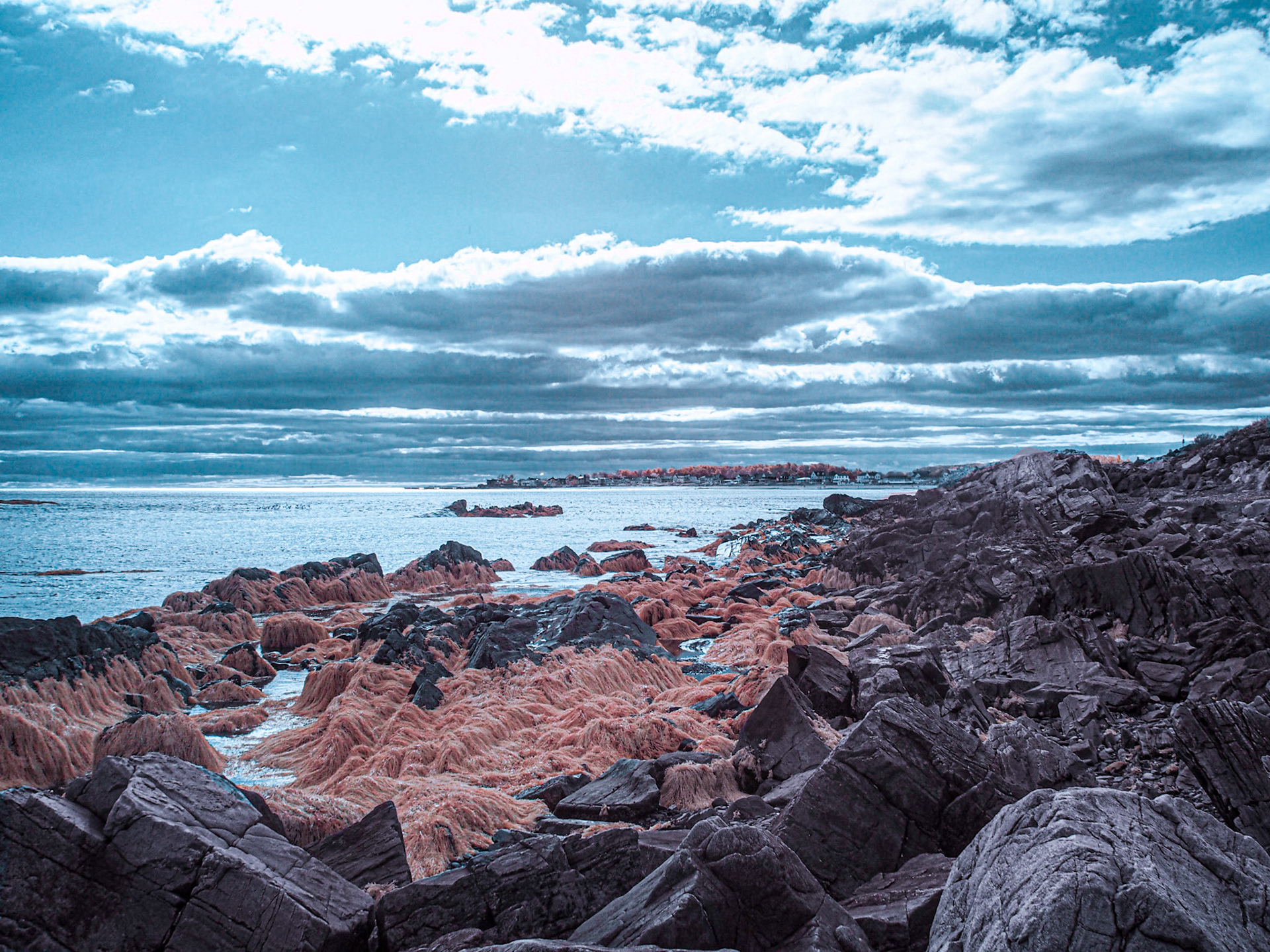 The rocky coastline of New Hampshire as seen through a 590nm Infrared filter