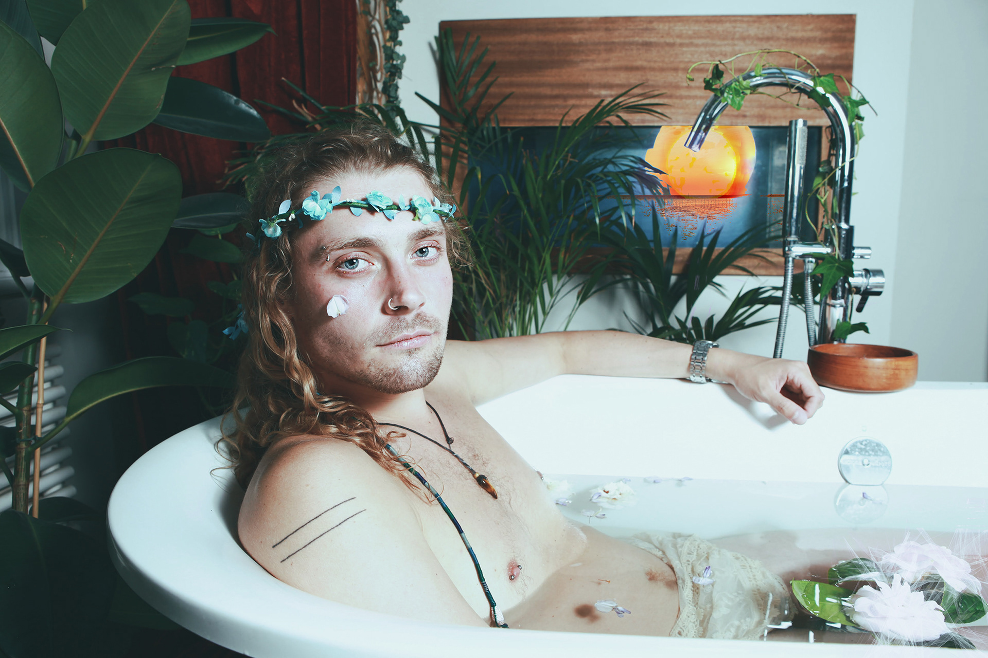 Lifestyle Photography, Josh bathing with flower wreath in Canonbury, London