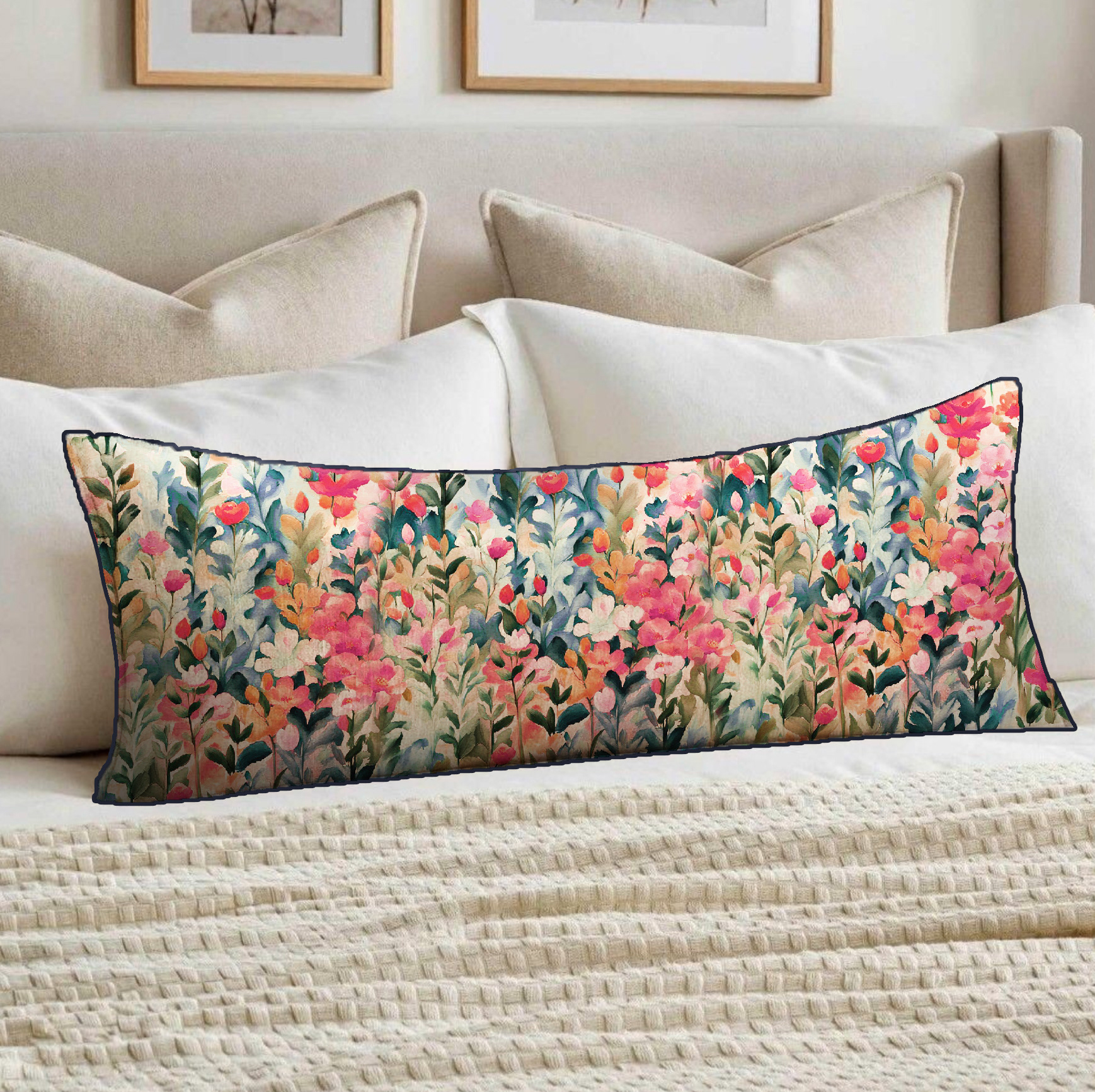 Vibrant Floral Garden textile pattern, Lumbar pillow, Linen digital print