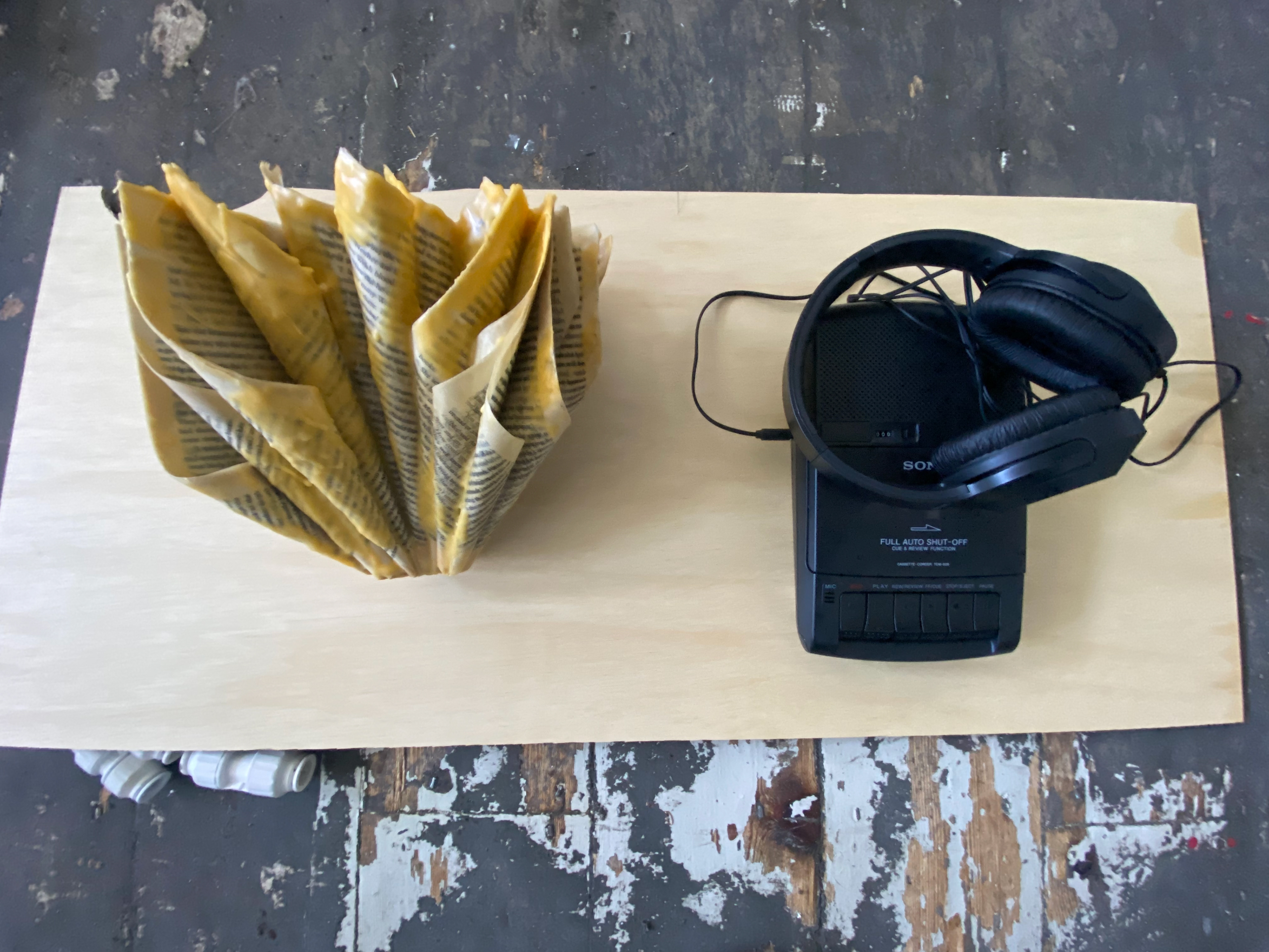 A wax-bound book with a recording of its creation, played as the viewer observes the piece.
