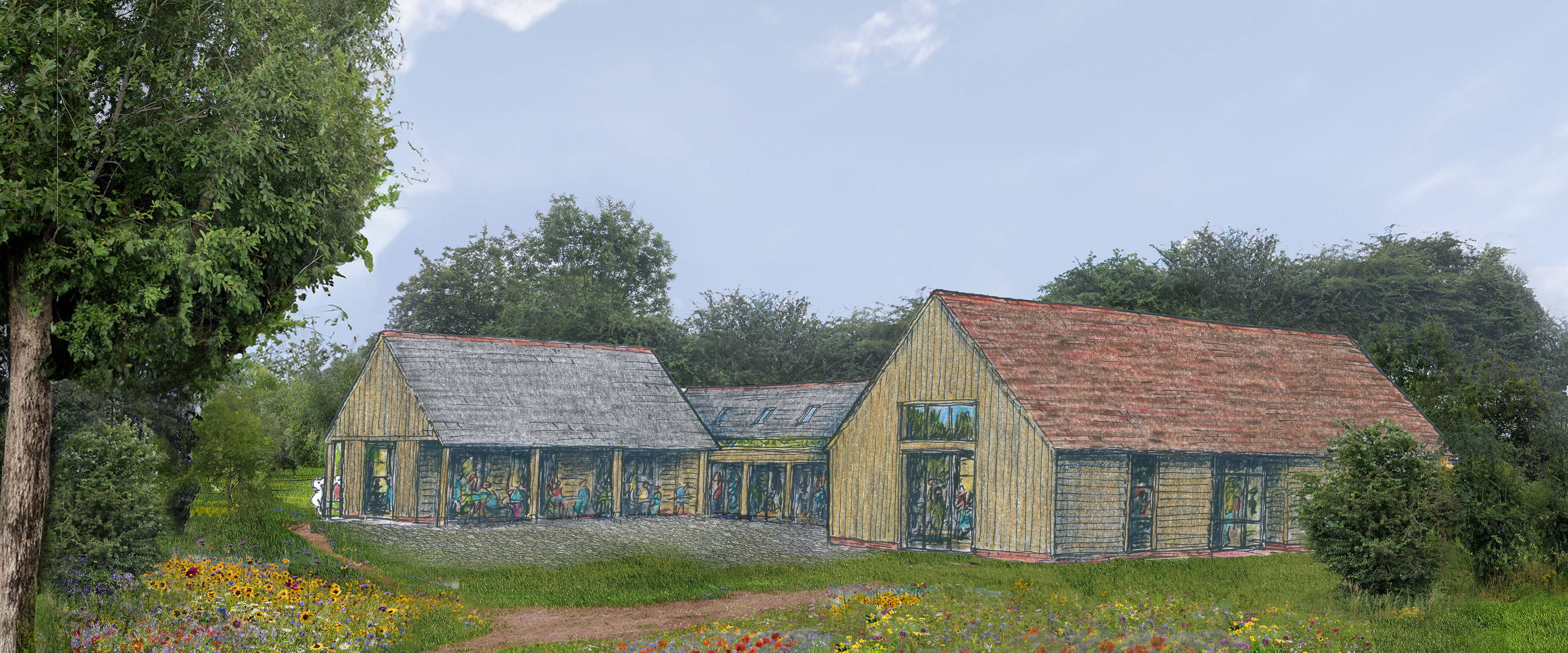 External view for a visitor centre using a mixture of hand drawing (provided by Mark Hall) and photoshop with generative fill.