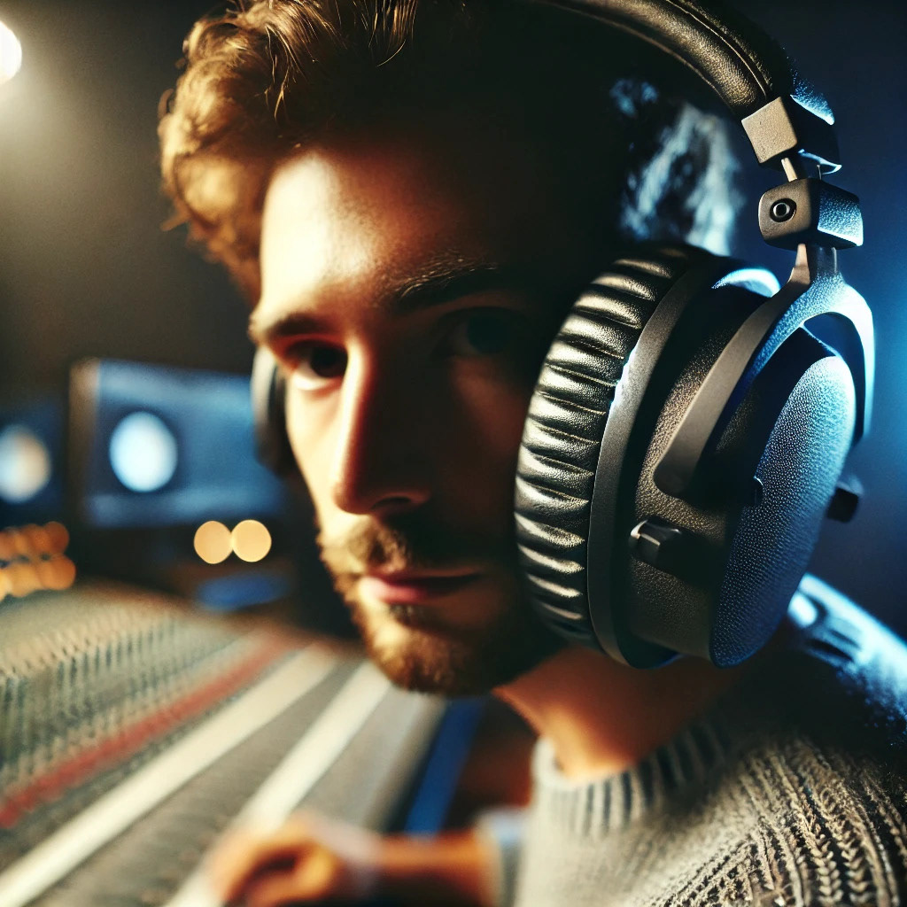 "A close-up of large, professional headphones being worn by a mixing engineer. The focus is entirely on the headphones, showing their detailed design" | DALL•E via ChatGTP