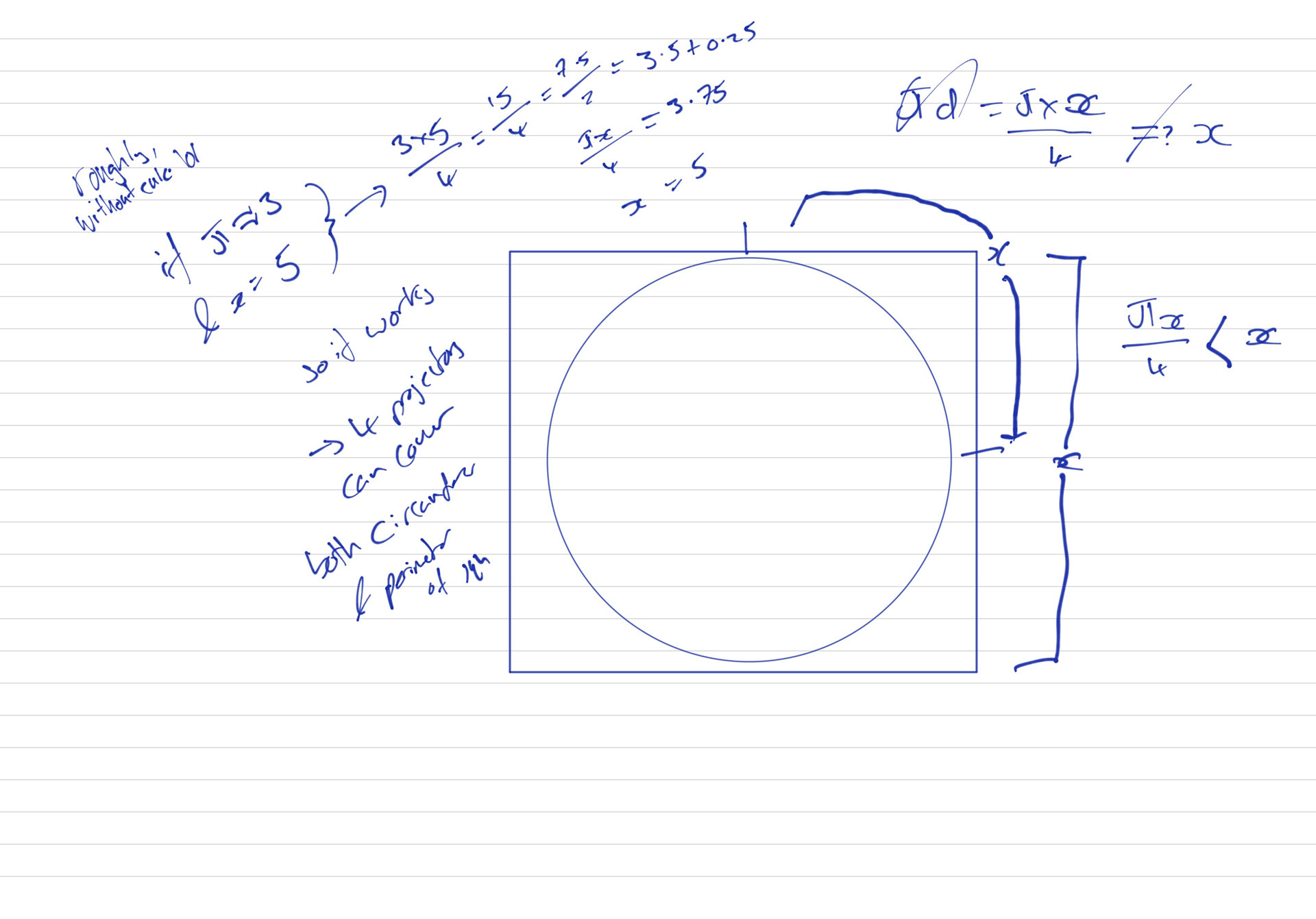 This is just proof to myself that you can use the same amount of projectors to cover 4 sides and the circumference of a circle where the diameter is the same or less than one of the square’s sides
