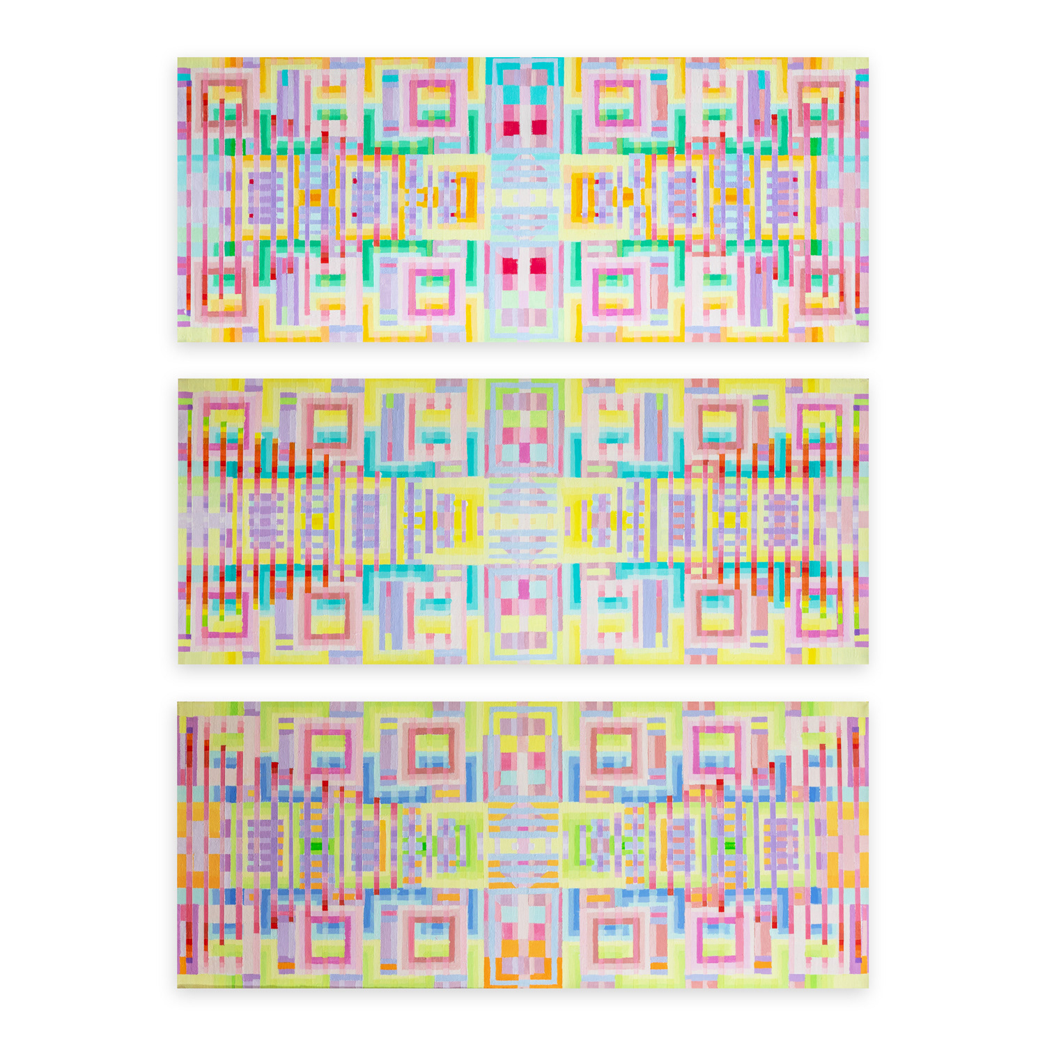 Sherbert Sunset triptych, 2021,  Acrylic on canvas, 25.4 x 69.6 cm each, SOLD  ​