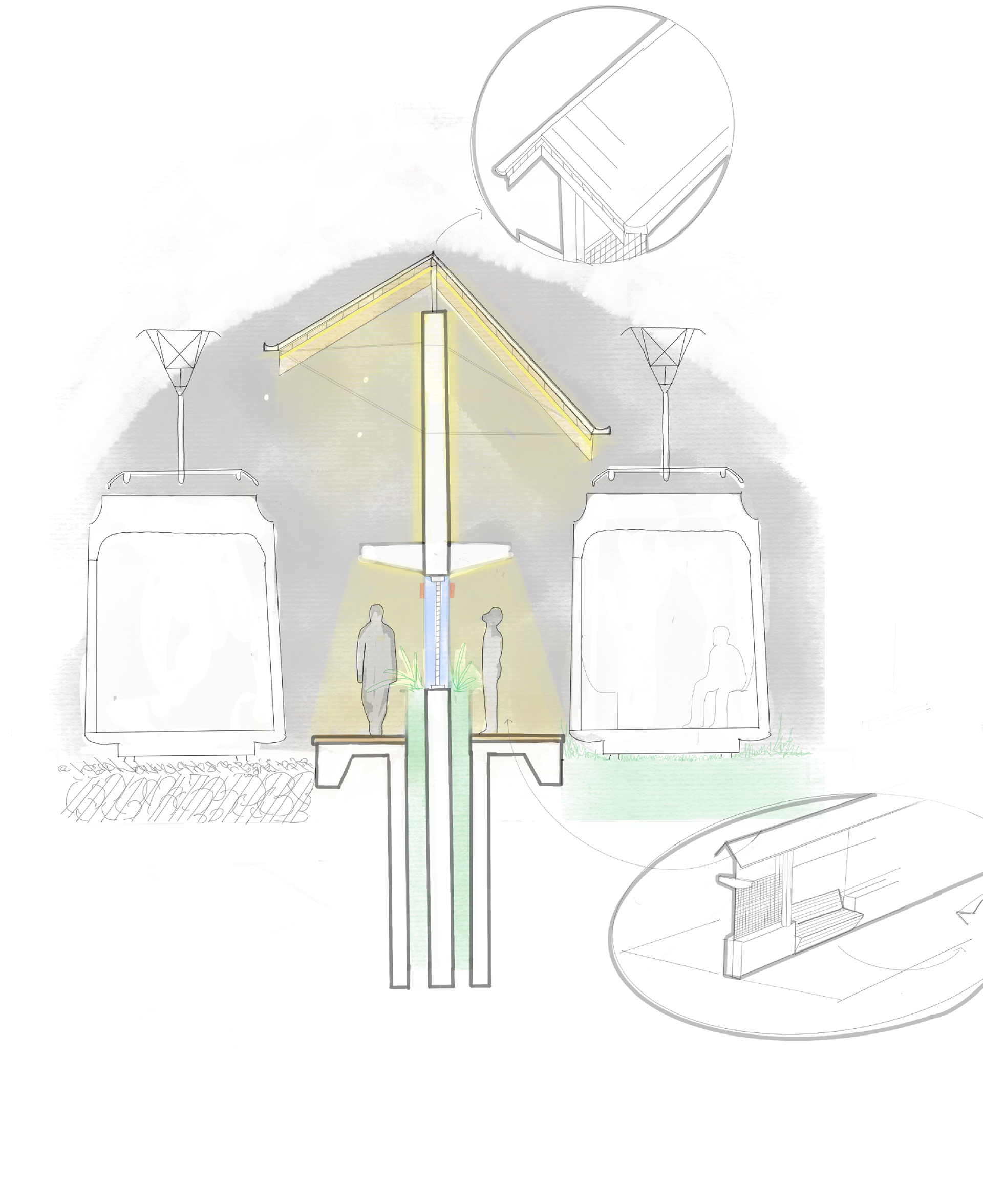 A sketch reimagining the Eado/Stadium rail stop in a way the responds to the context, with a people first focus.