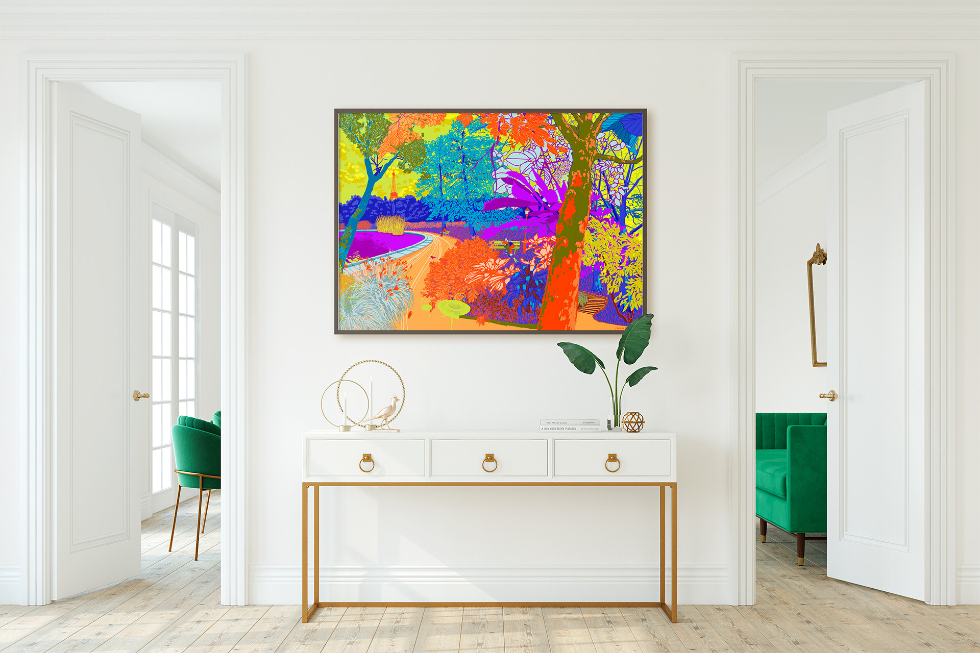 Dessin numérique "jardin rêvé" - Dessin sur mesure imprimé en jet d'encre pigmentaire sur papier Fine Art / 90x120 cm monté dans une caisse américaine noire.