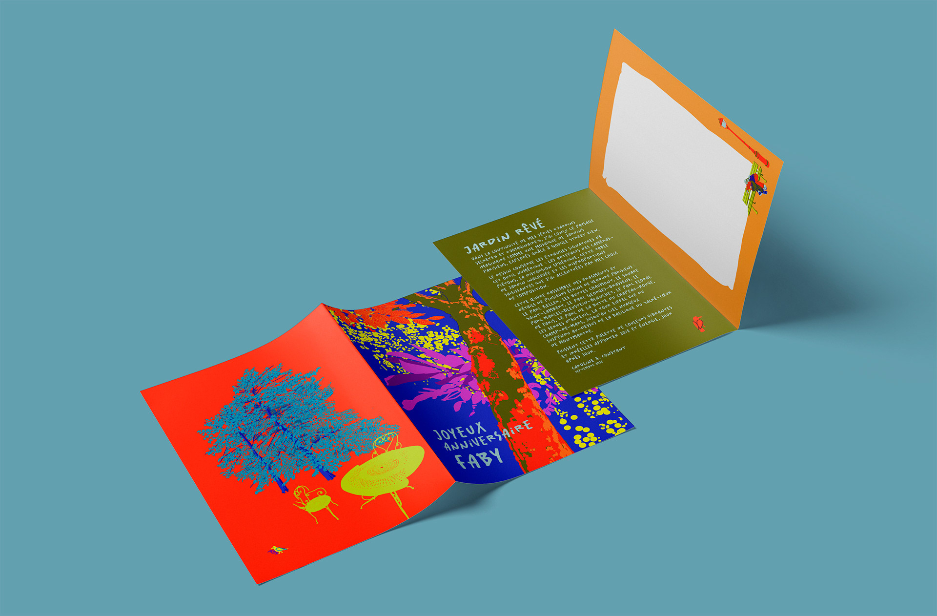 Carte d'anniversaire personnalisée en dépliant A5, déclinée du dessin Jardin rêvé