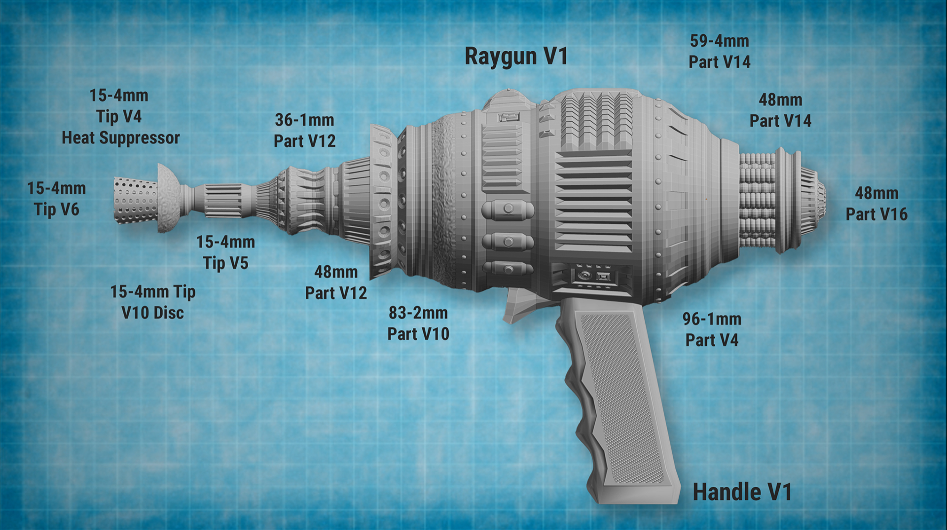An example of creating a Uranus Raygun by assembling chosen parts.