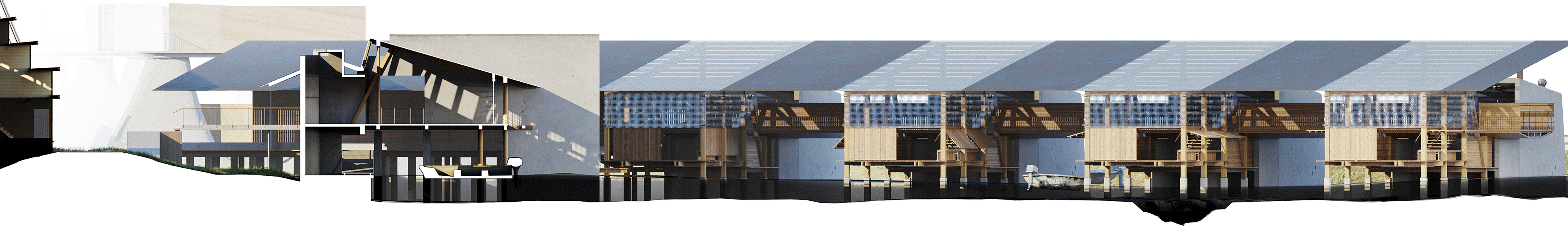 Section through the market hall - showcasing the wet and dry functions.