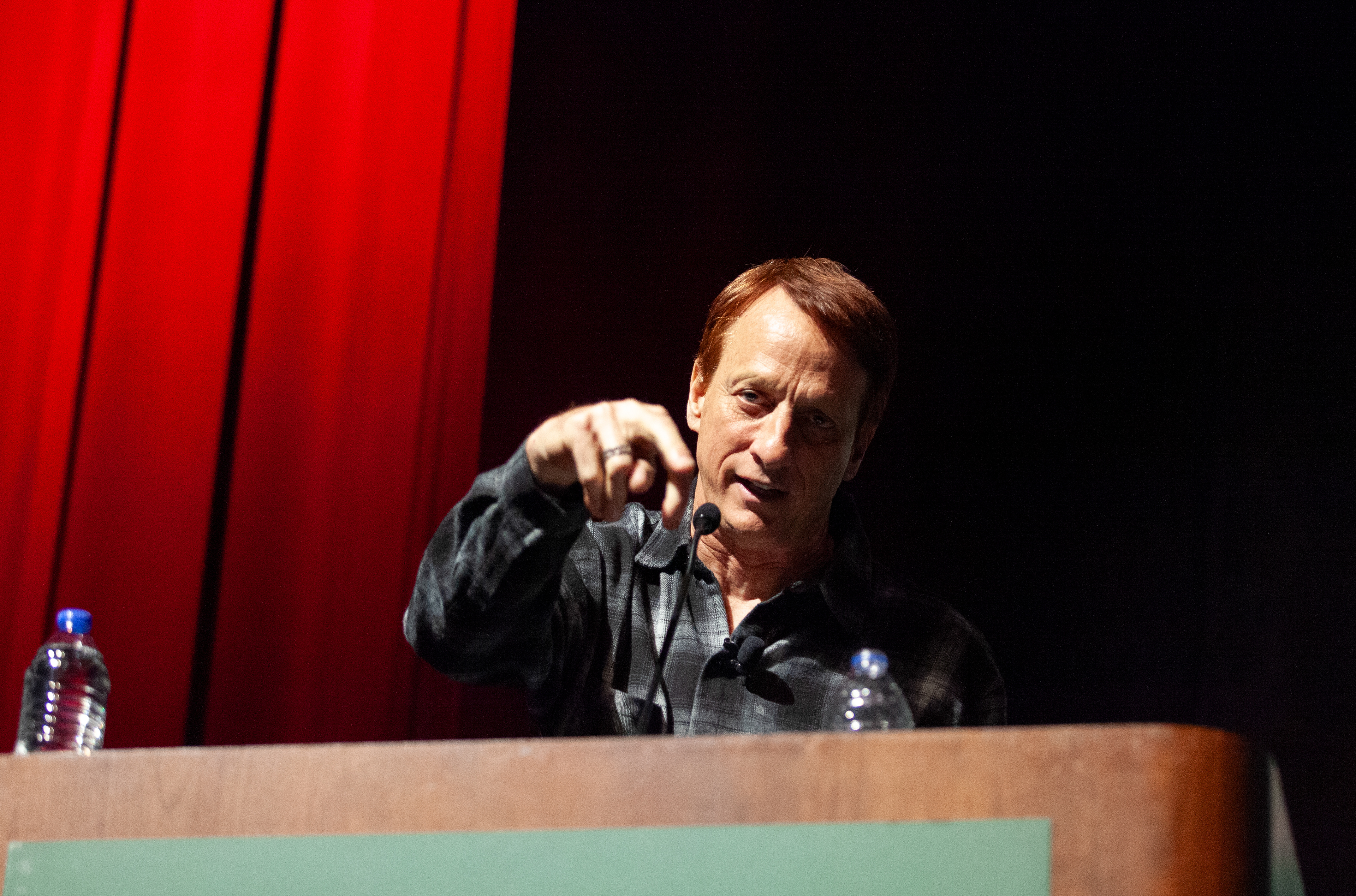 Tony Hawk, an American professional skateboarder, during his talk as part of Ohio University's Kennedy lecture series at Templeton Blackburn Alumni Memorial Auditorium, Jan. 30, 2024 in Athens, Ohio.