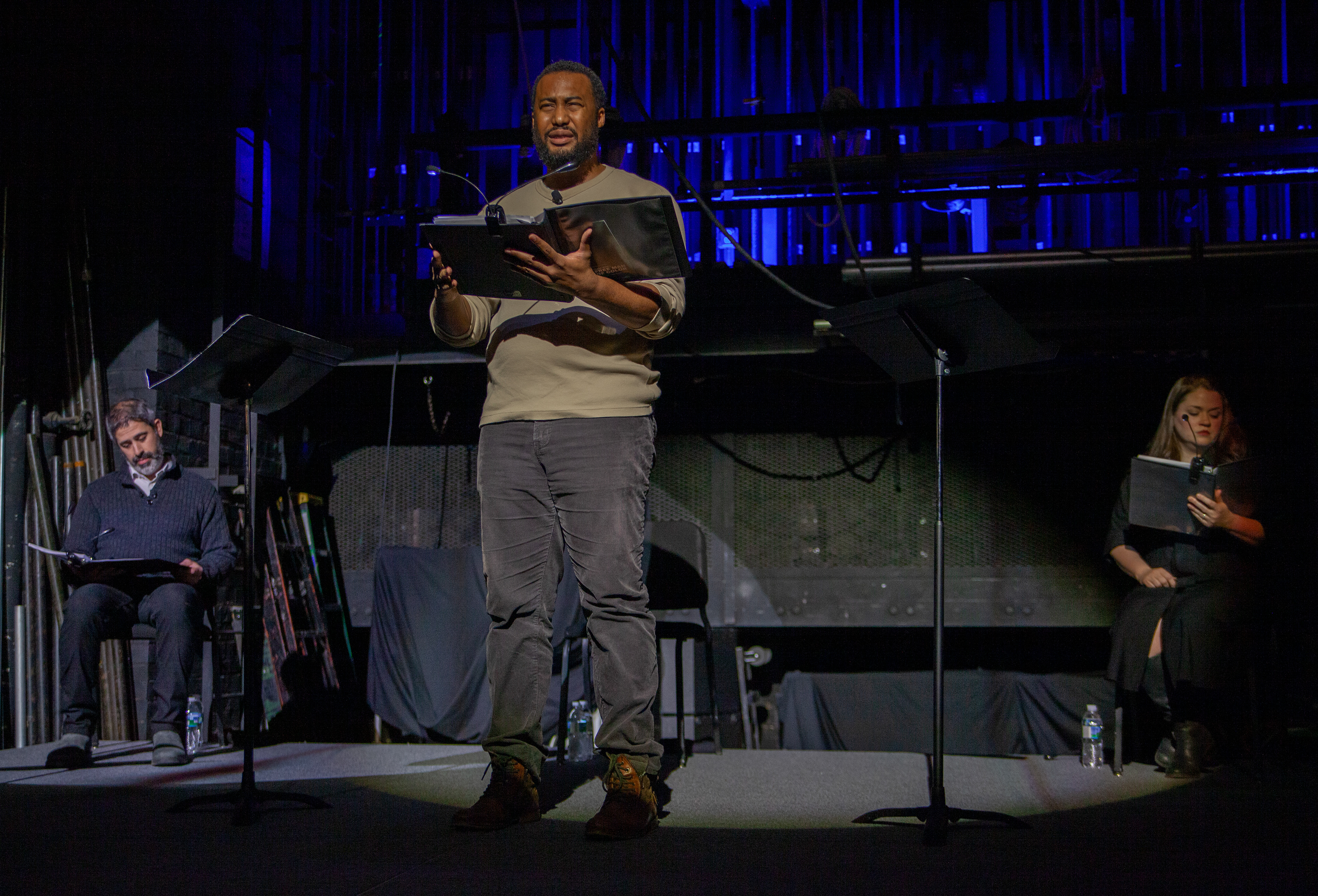 John Newton Templeton, portrayed by Tyler J. Rollinson, speaking to the audience during Charles Smith's Free Man Of Color play performance at Templeton-Blackburn Alumni Memorial Auditorium, Feb. 10, 2024 in Athens, Ohio. The play portrays Templeton's relationship with university president Reverend Robert Wilson and his wife during the time Templeton attended Ohio University.  Templeton was the first black man to graduate from Ohio University and the fourth African American to graduate from a U.S. college. The auditorium the play was held in was rededicated as Templeton-Blackburn Alumni Memorial Auditorium in 1999 in honor of John Newton Templeton and Martha Jane Hunley Blackburn. 