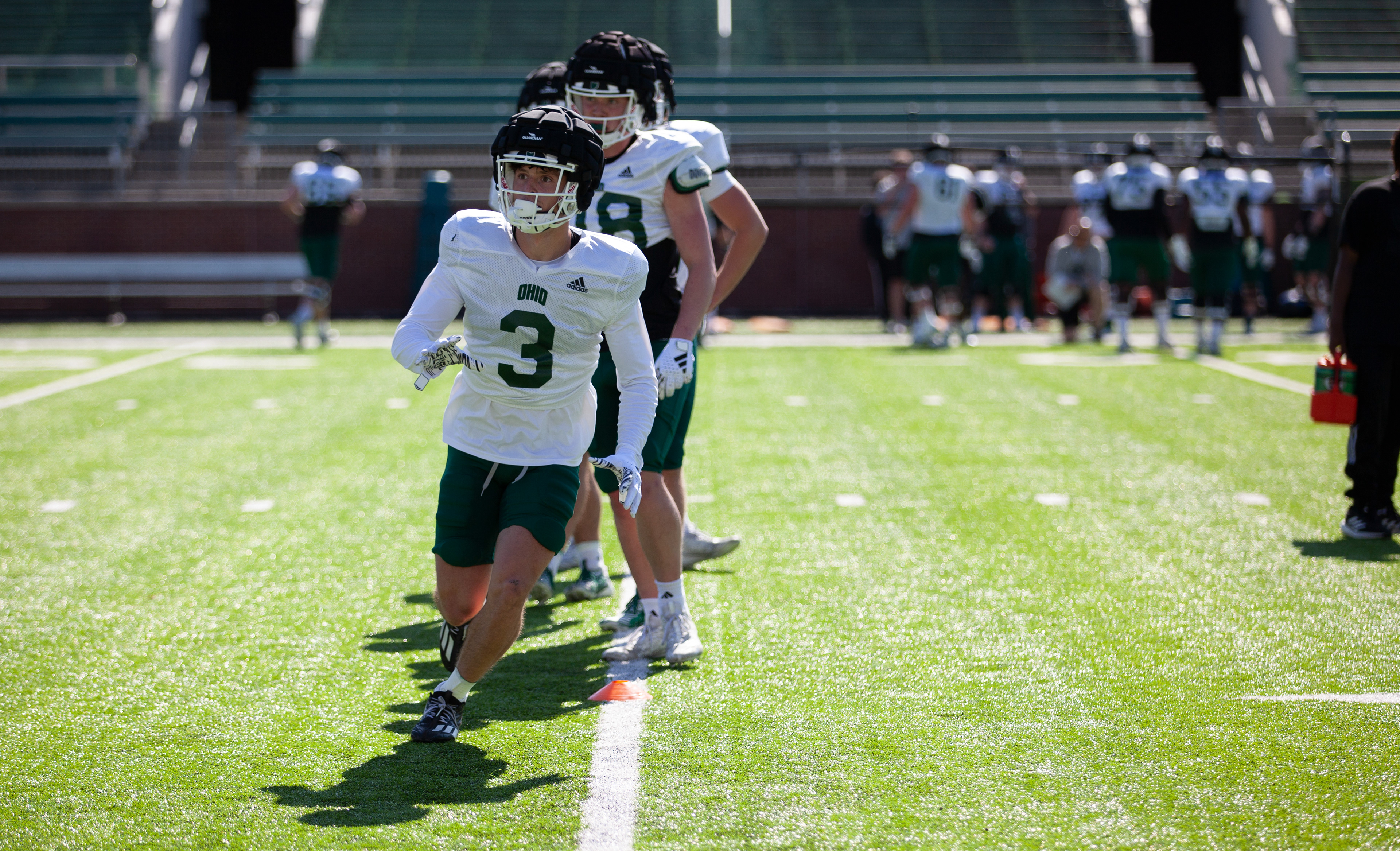 Ohio wide reciever, Max Rodarte (3), practices before the Spring Scrimmage at Peden Stadium, April 20, 2024, in Athens.