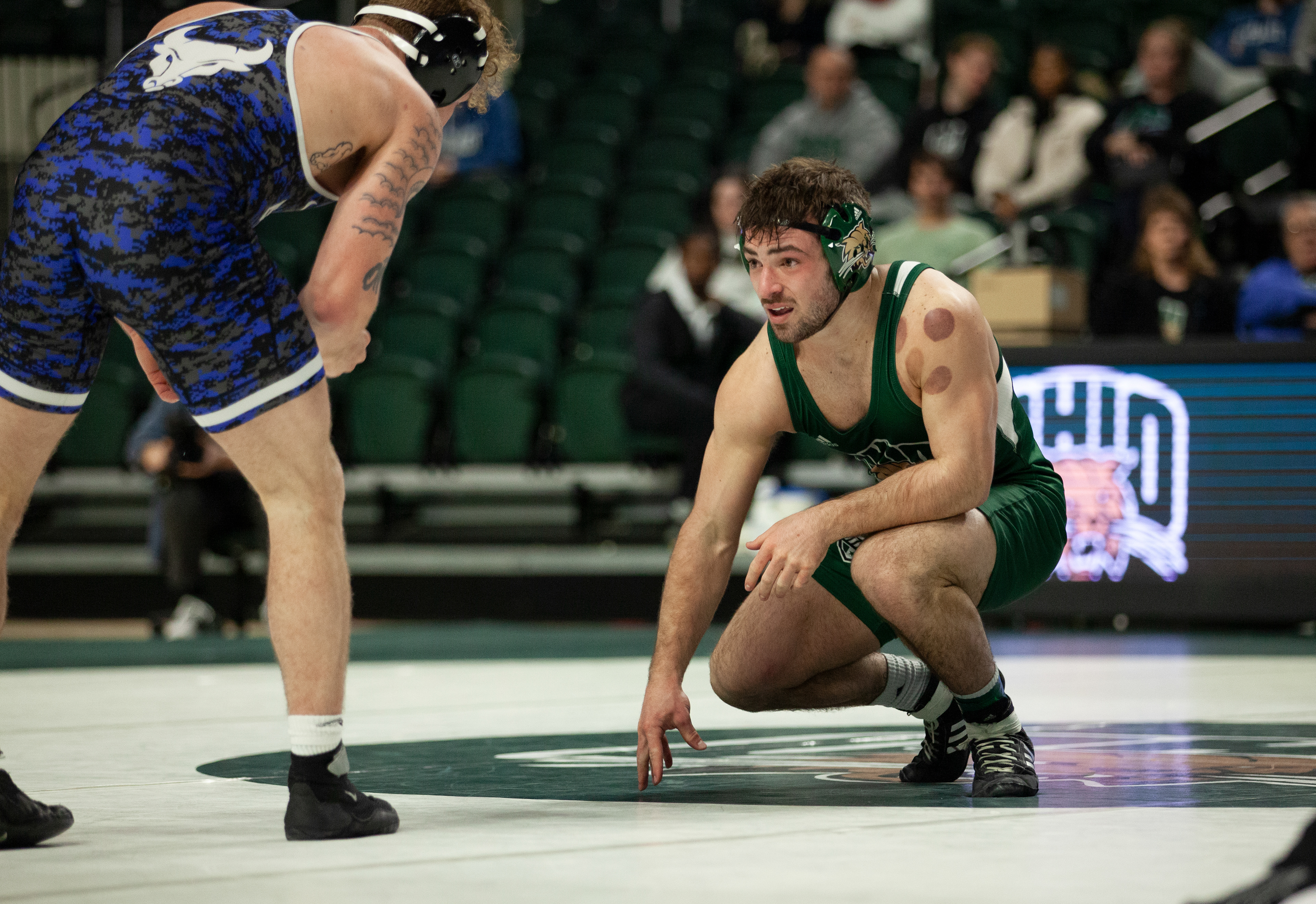 Ohio wrestler, Sal Perrine, during a dual match in the 174 pound weight class against Buffalo at The Convo, Feb. 24, 2024 in Athens, Ohio.