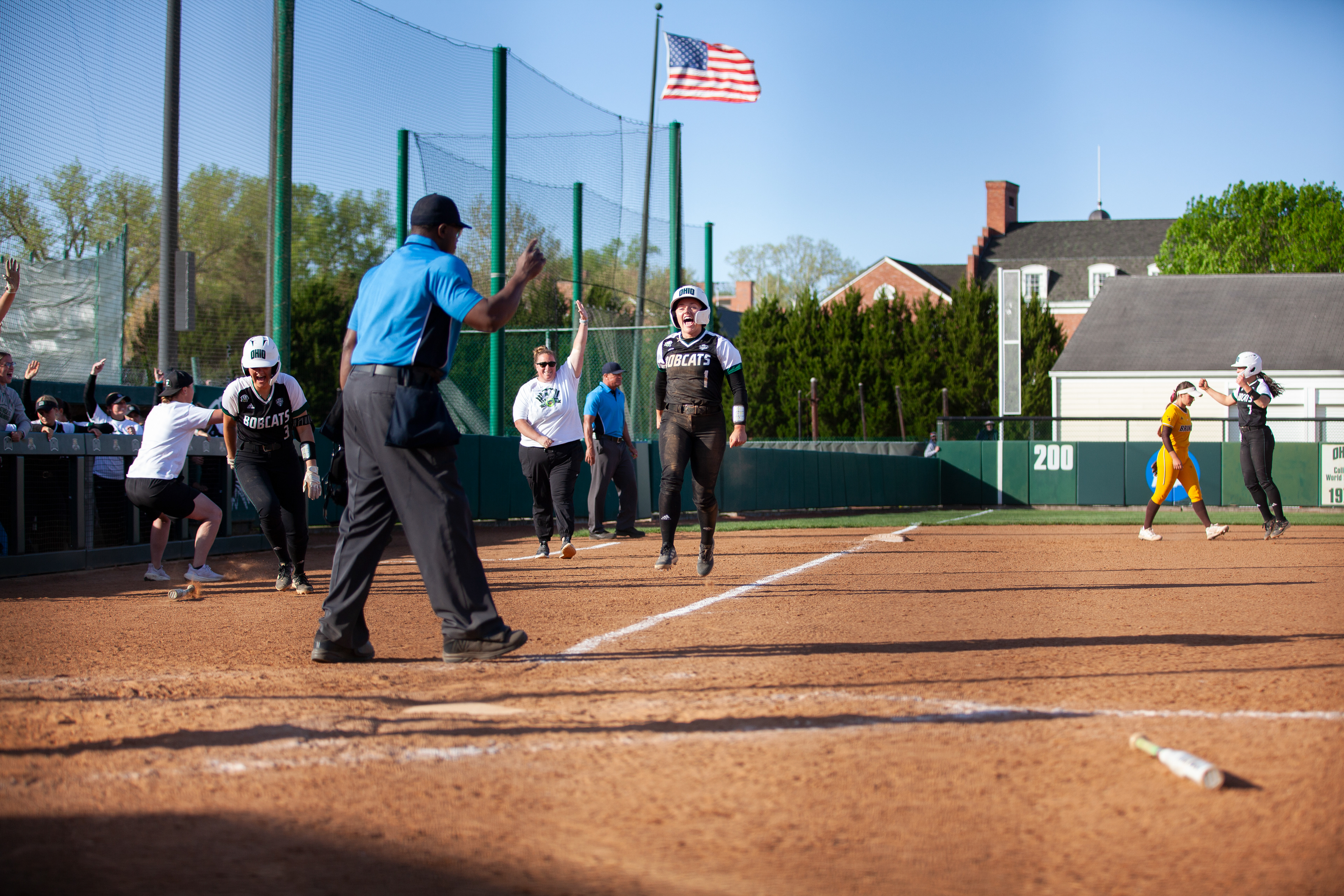 Ohio infielder, Lauren Yuhas (1), makes her way to home base at the end of the second game against Western Michigan at Ohio Softball Field, April 20, 2024, in Athens.