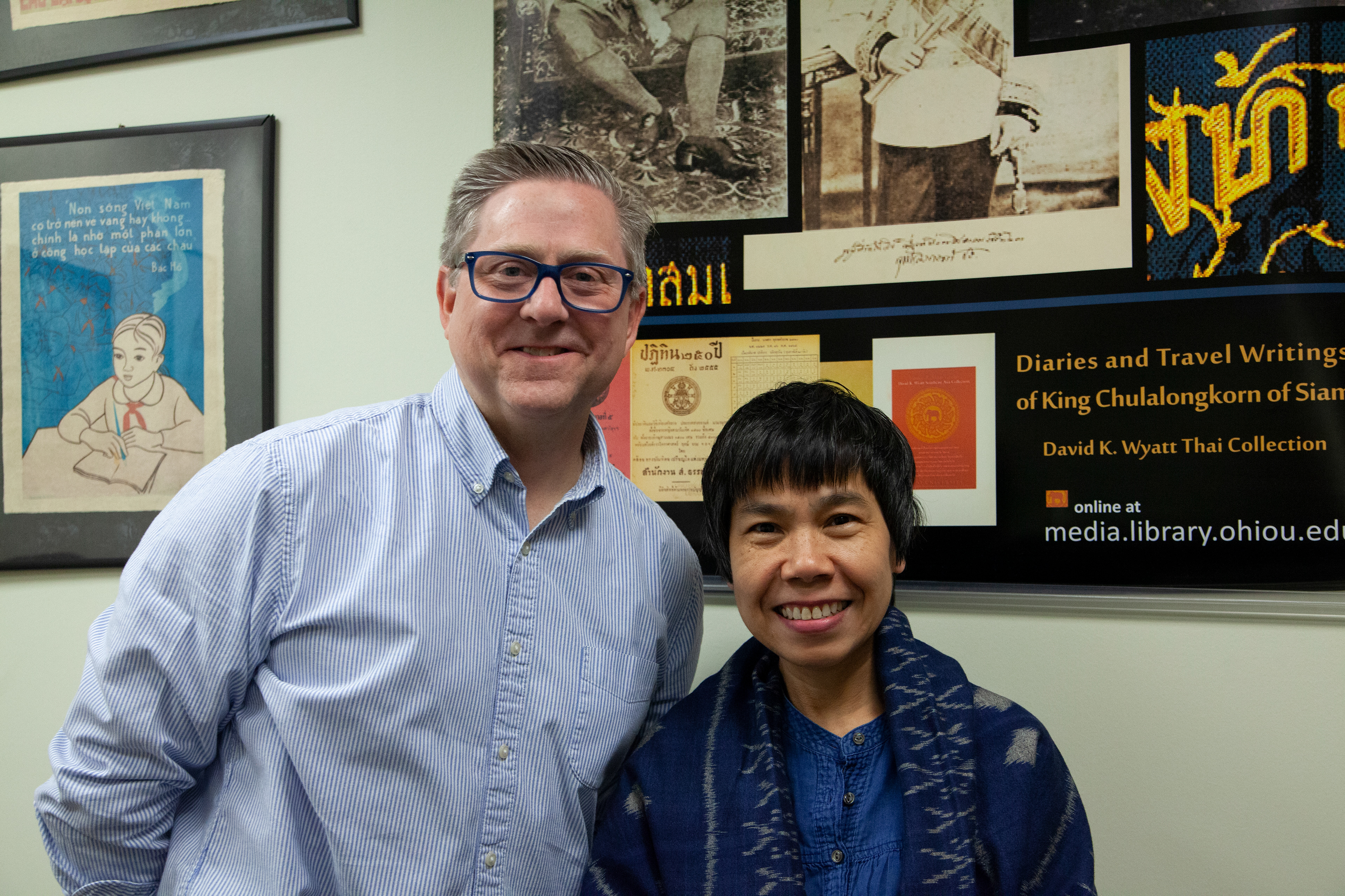 Jeffrey Shane (left) and Pittaya Paladroi-Shane (right) pose for a portrait in Jeffrey Shane's office in Alden Library, April 23, 2024, in Athens.