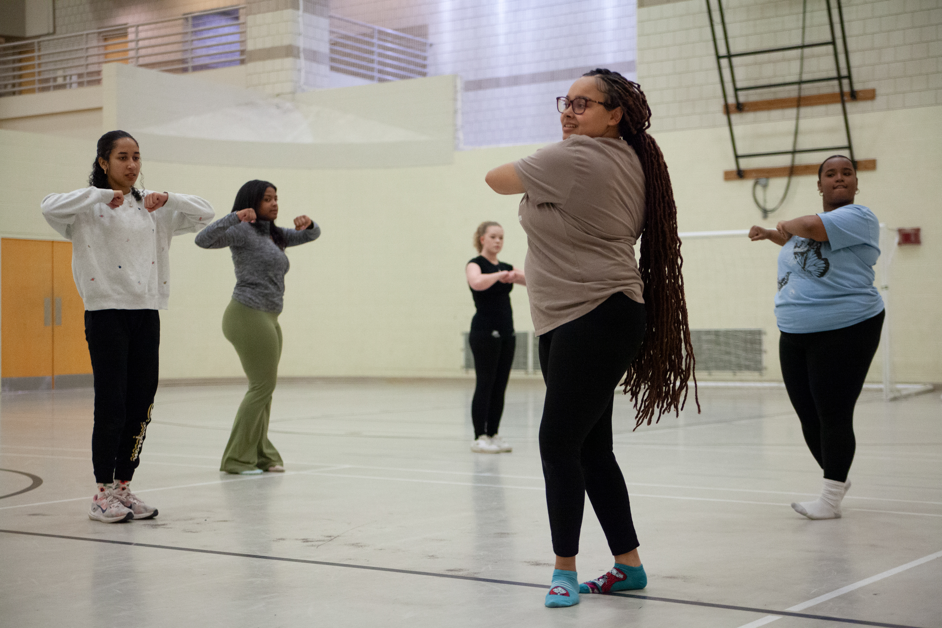 Dancers practice a combination during a class held by Khaos dance team at Ping Center, Feb. 29, 2024, in Athens, Ohio. From left to right, Jazz McGhee, Ka'Mya Wade, Kaylea Jackson and Cameryn Williams. Khaos dance team is a majorette dance team founded in Oct. 2023 by president Kaylea Jackson to give the Black community representation for this dance style they historically did not have.