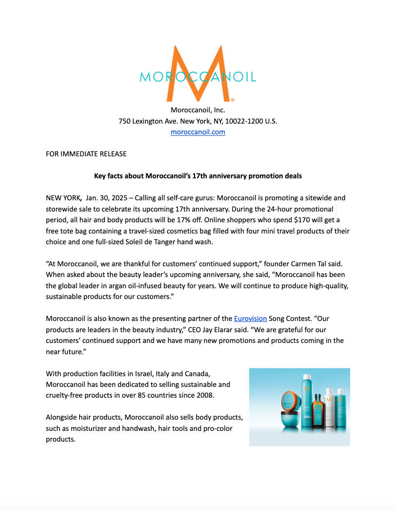 First Page of Moroccanoil News Release for PRL214