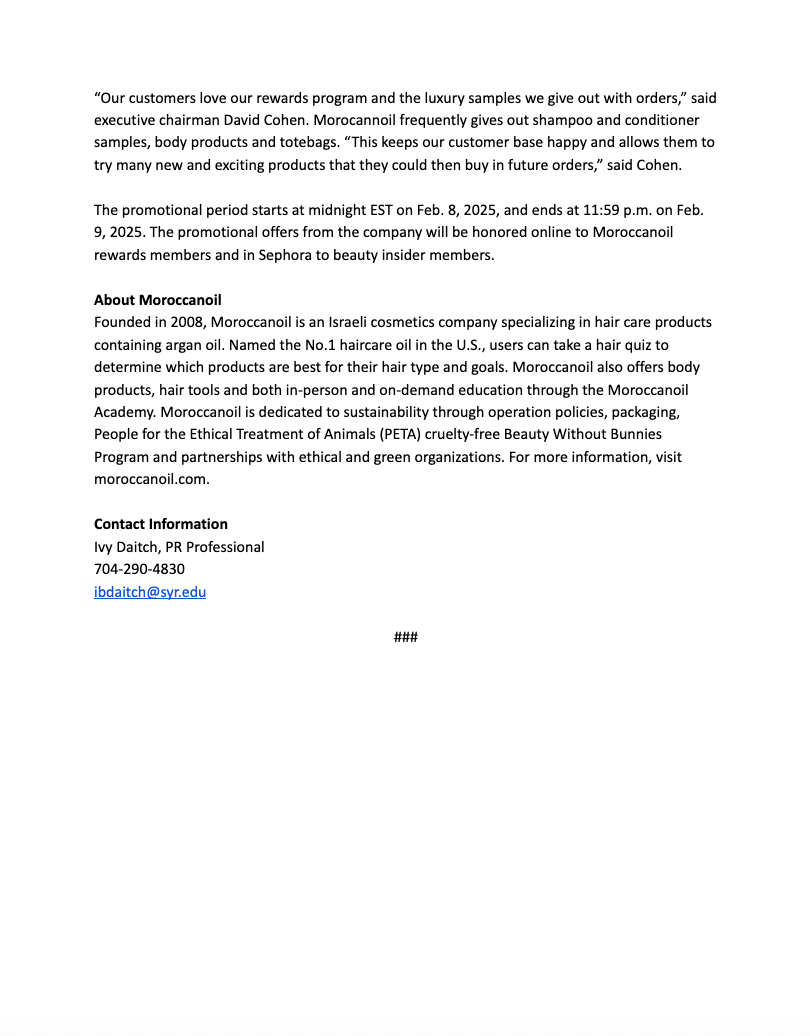 Second Page of Moroccanoil News Release for PRL214
