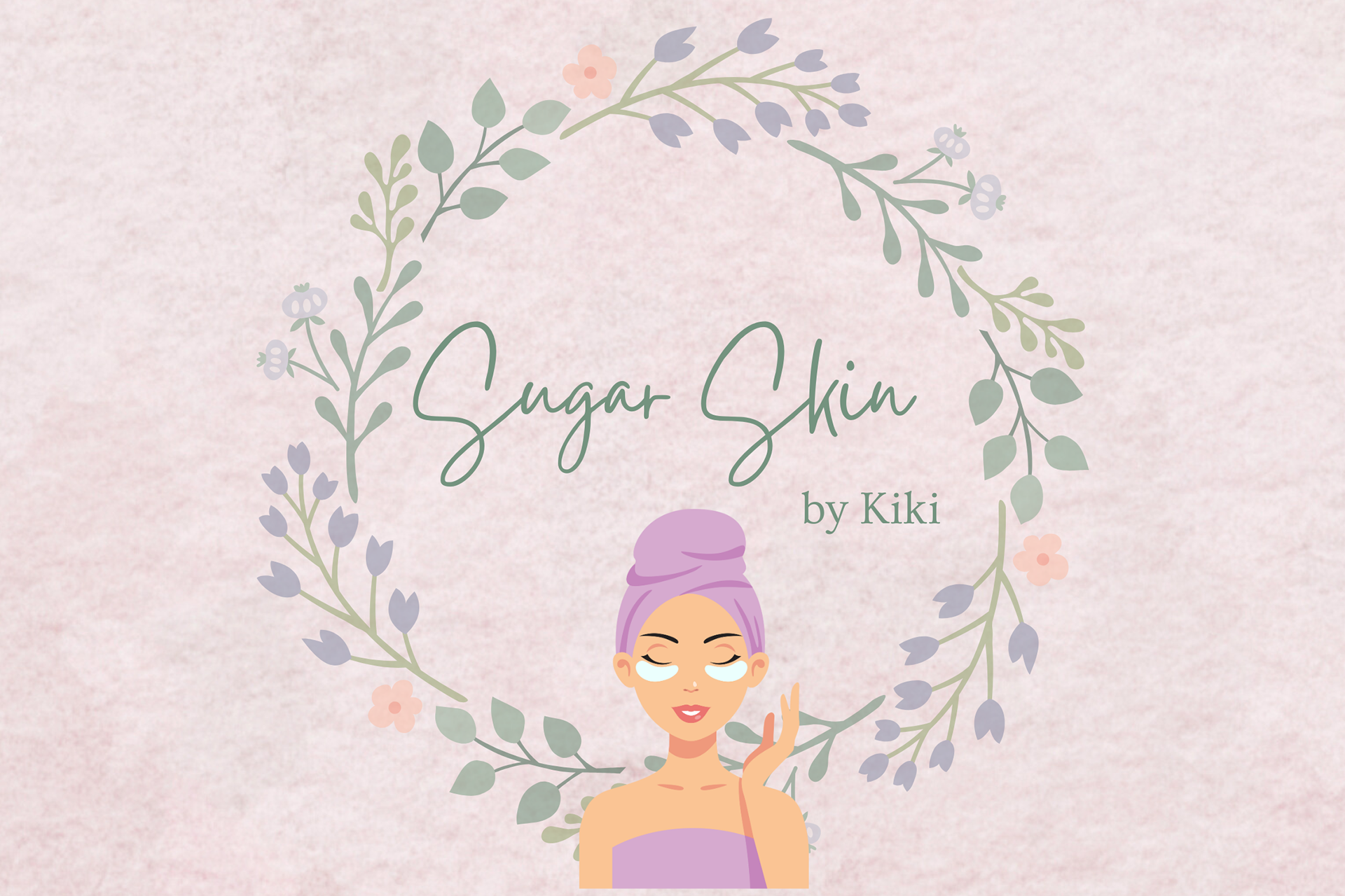 Sugar Skin by Kiki logo with floral wreath design and illustrated woman in a towel and eye patches, set against a soft pink textured background