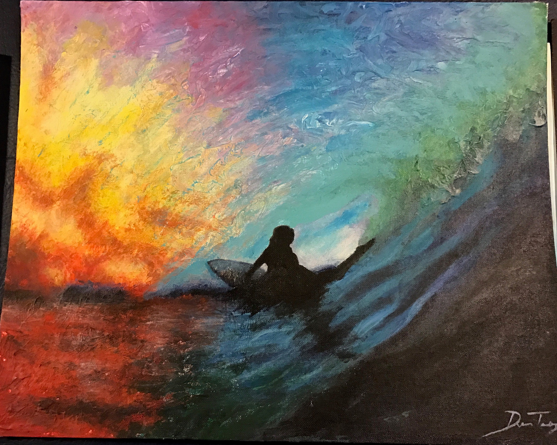 Acrylic painting I did of a surfer in a wave.