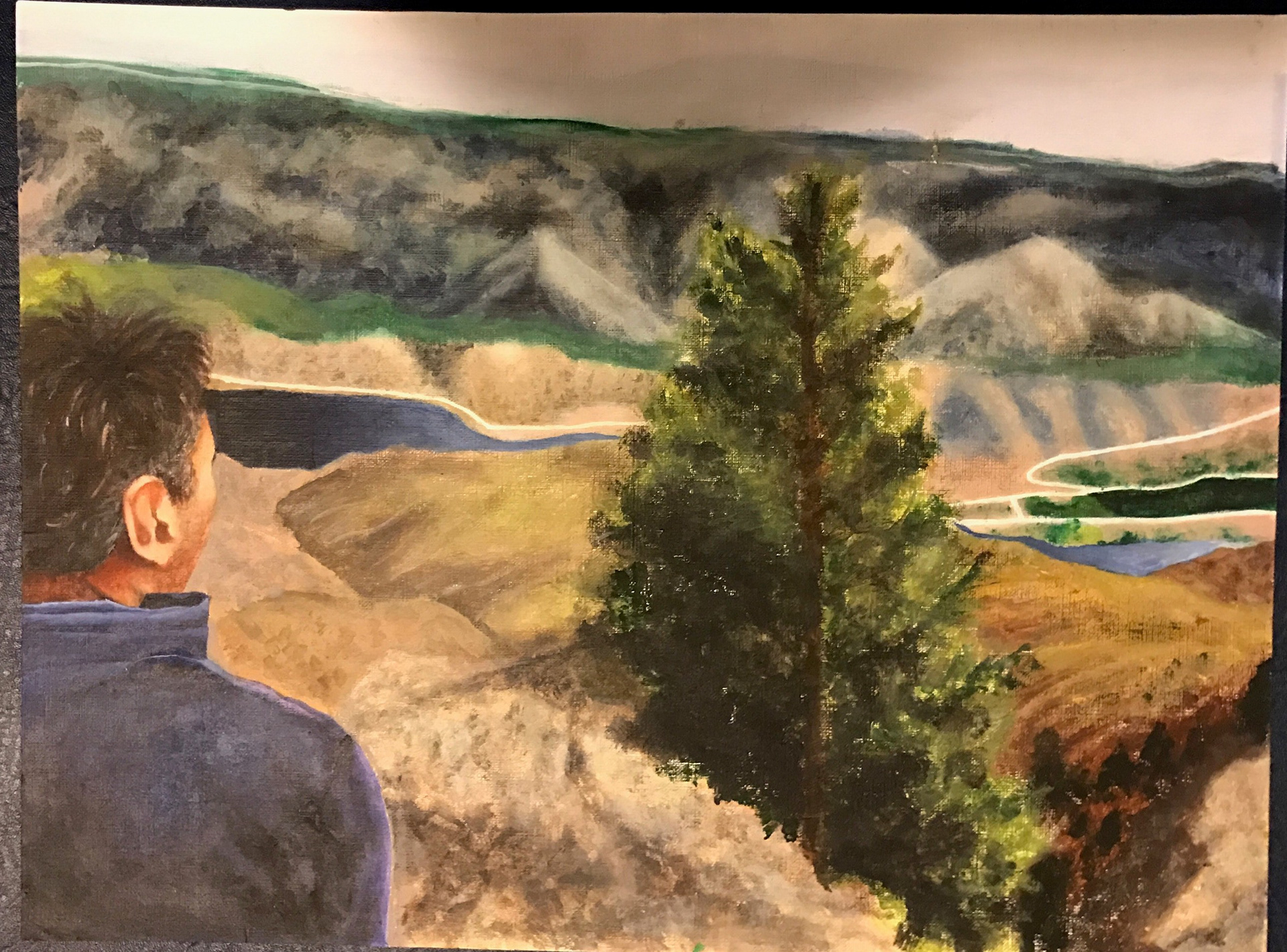 Acrylic painting of my Dad in Lake Chelan looking down at the Columbia river.