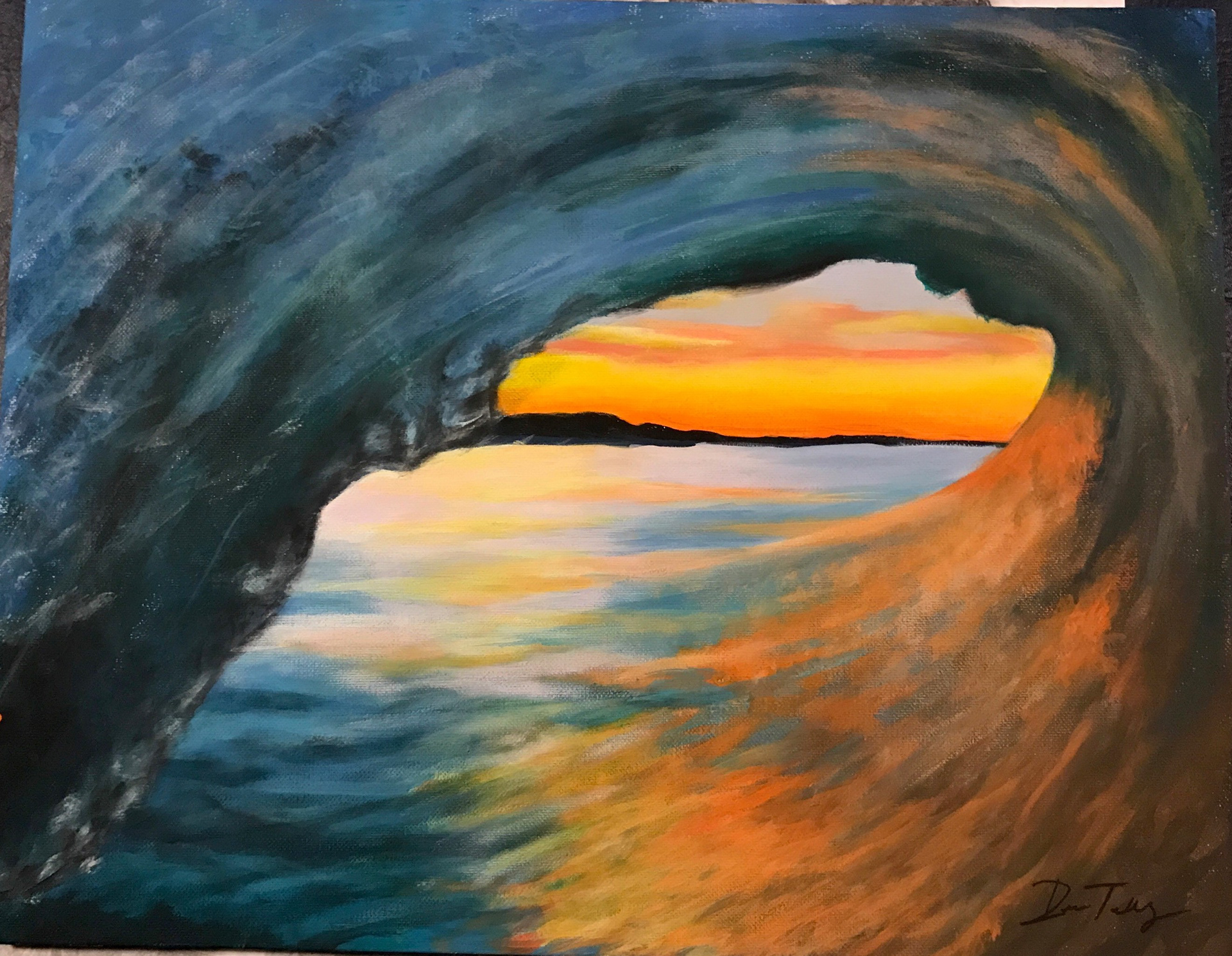 Acrylic painting I did of sunset through an ocean wave.