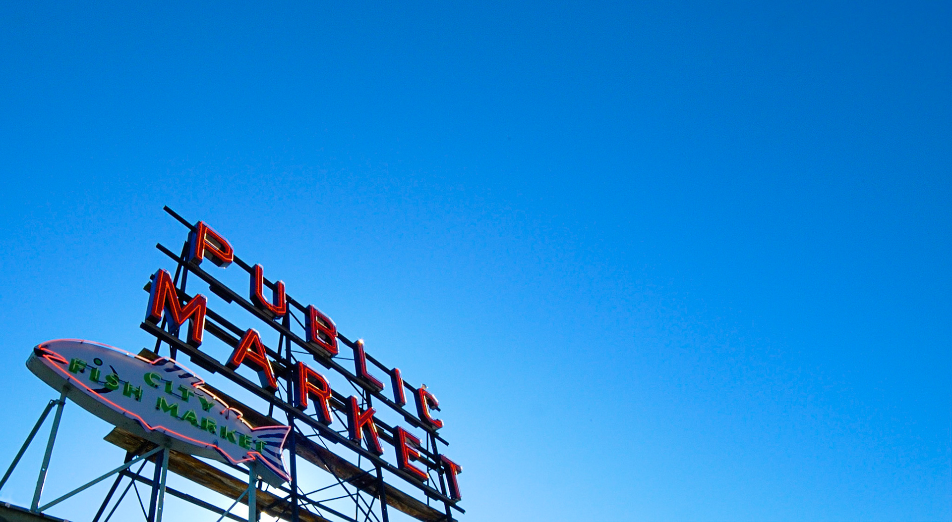 A Seattle, Washington classc--the Public Market sign atop the fish market at Pike Place Market.