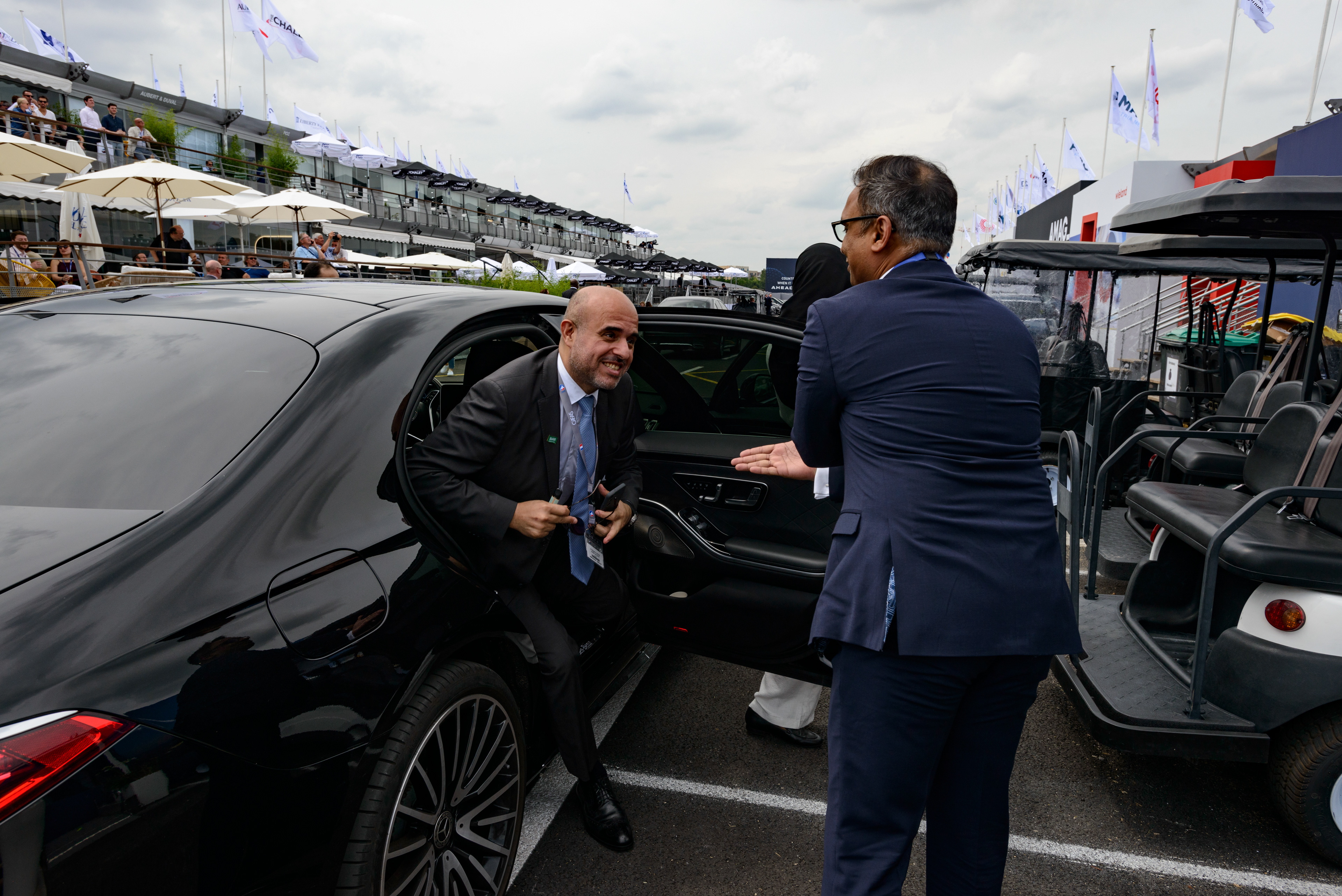 Musad Abdulaziz Al-Daood, the CEO of the Riyadh Aiirports Company, and his delegation visiting the 54th Paris Air show to promote the Saudi plan for a six-runway mega airport in Riyadh and the the new Saudi Arabian flag carrier Riyadh Air, scheduled to launch in early 2025, part of Saudi Arabia's Vision 2030 Investment plan to diversify its economy away from oil. Le Bourget, France.
