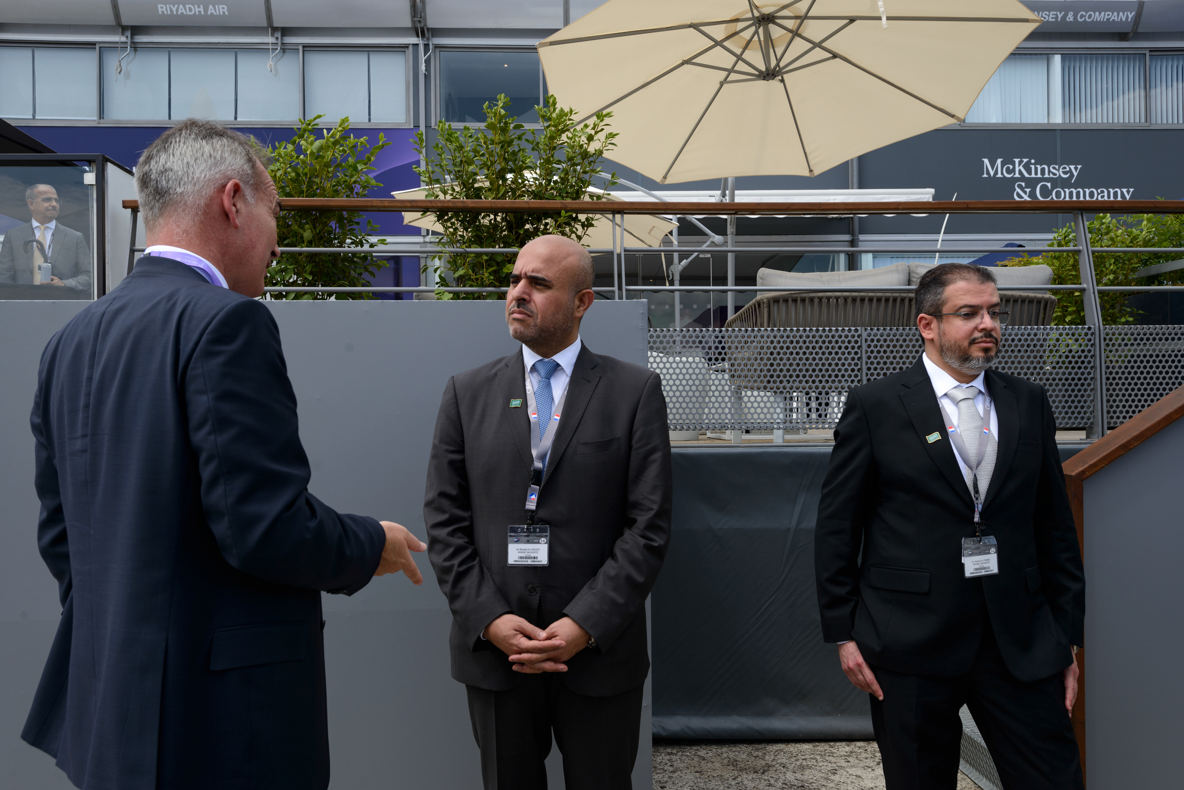 Musad Abdulaziz Al-Daood, the CEO of the Riyadh Aiirports Company, and his delegation visiting the 54th Paris Air show to promote the Saudi plan for a six-runway mega airport in Riyadh and the the new Saudi Arabian flag carrier Riyadh Air, scheduled to launch in early 2025, part of Saudi Arabia's Vision 2030 Investment plan to diversify its economy away from oil. Le Bourget, France.