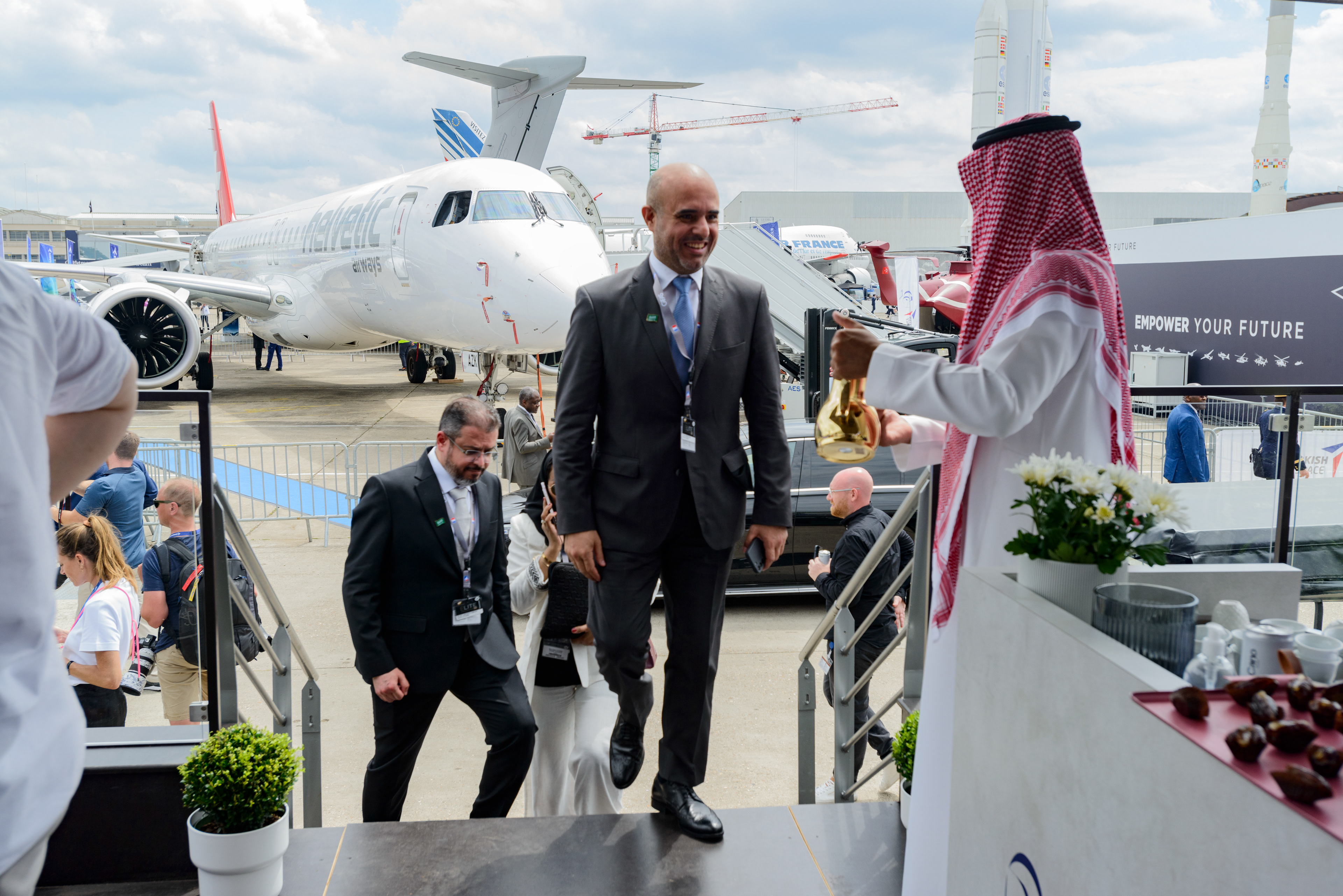 Musad Abdulaziz Al-Daood, the CEO of the Riyadh Aiirports Company, and his delegation visiting the 54th Paris Air show to promote the Saudi plan for a six-runway mega airport in Riyadh and the the new Saudi Arabian flag carrier Riyadh Air, scheduled to launch in early 2025, part of Saudi Arabia's Vision 2030 Investment plan to diversify its economy away from oil. Le Bourget, France.