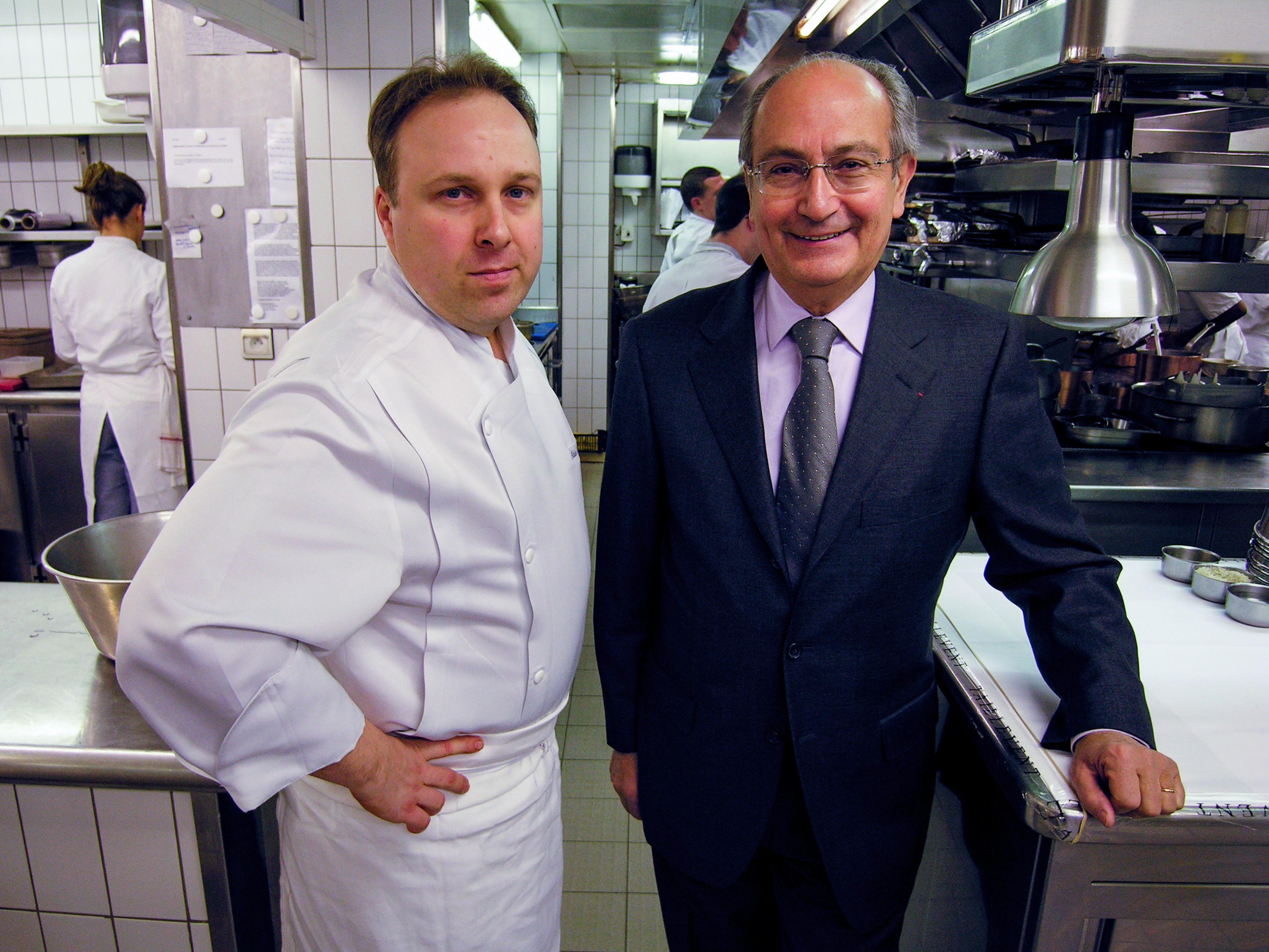Head chef Alain Soliveres and owner Jean-Claude Vrinat in the kitchen of the Taillevent restaurant.