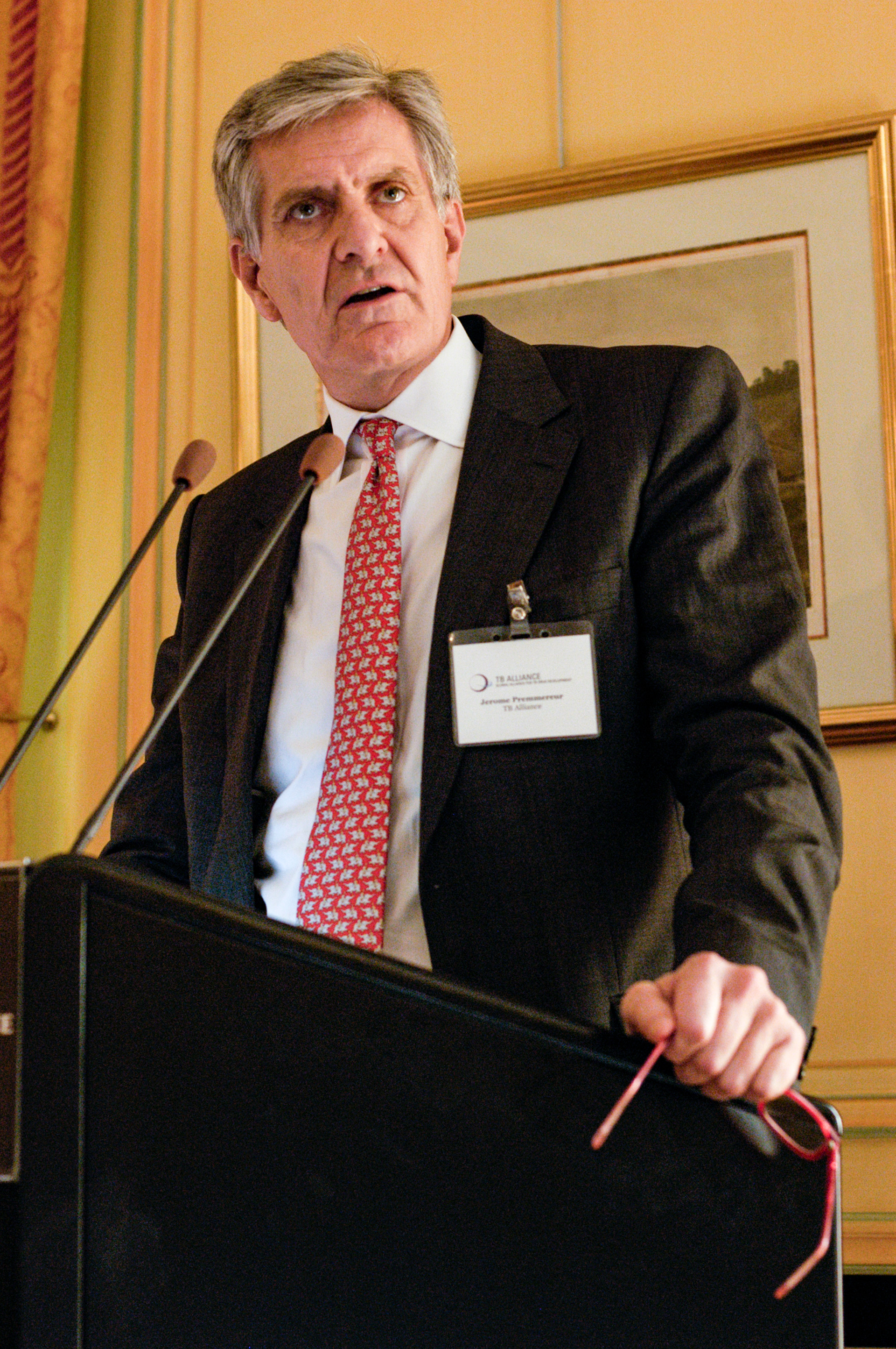 Dr. Jerôme Premmereur, President and CEO of TB Alliance, at the stakeholders association annual meeting at the Maison de l'Amerique Latine. Paris, France.