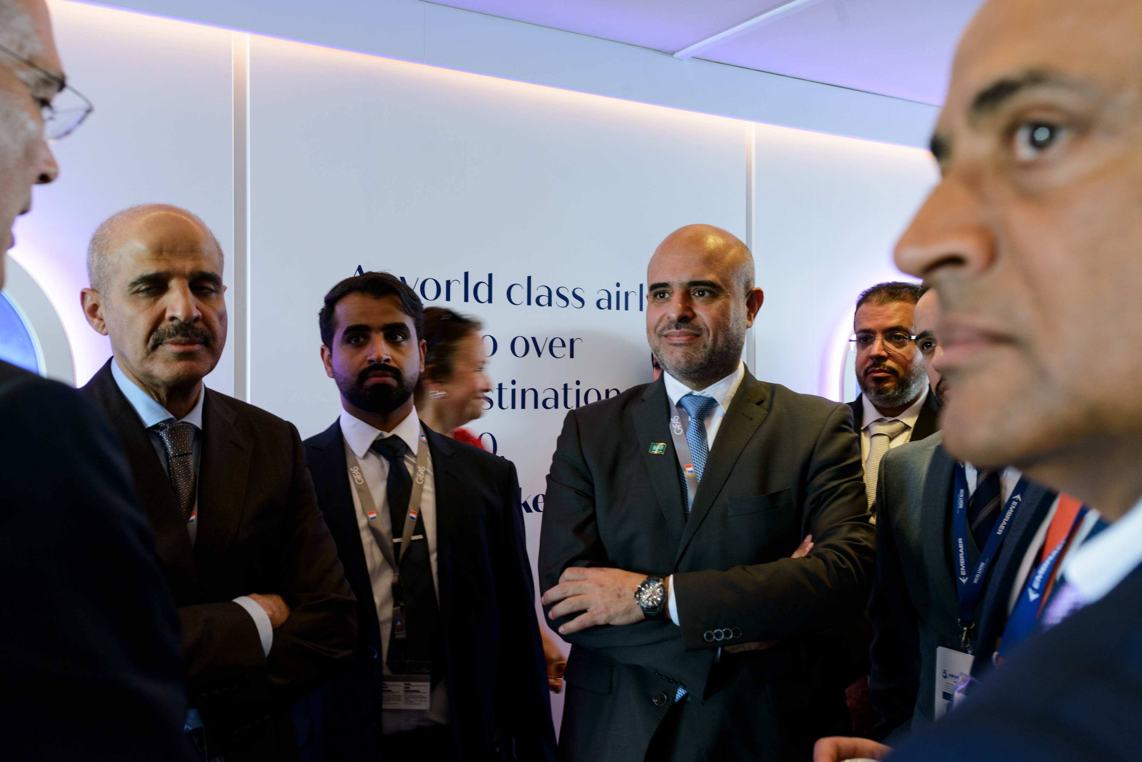 Eng. Mohammed Al-Maghlouth (left) and Musad Abdulaziz Al-Daood (center right), the CEOs of the Riyadh Aiirports Company, and his delegation visiting the 54th Paris Air show to promote the Saudi plan for a six-runway mega airport in Riyadh and the the new Saudi Arabian flag carrier Riyadh Air, scheduled to launch in early 2025, part of Saudi Arabia's Vision 2030 Investment plan to diversify its economy away from oil. Le Bourget, France.