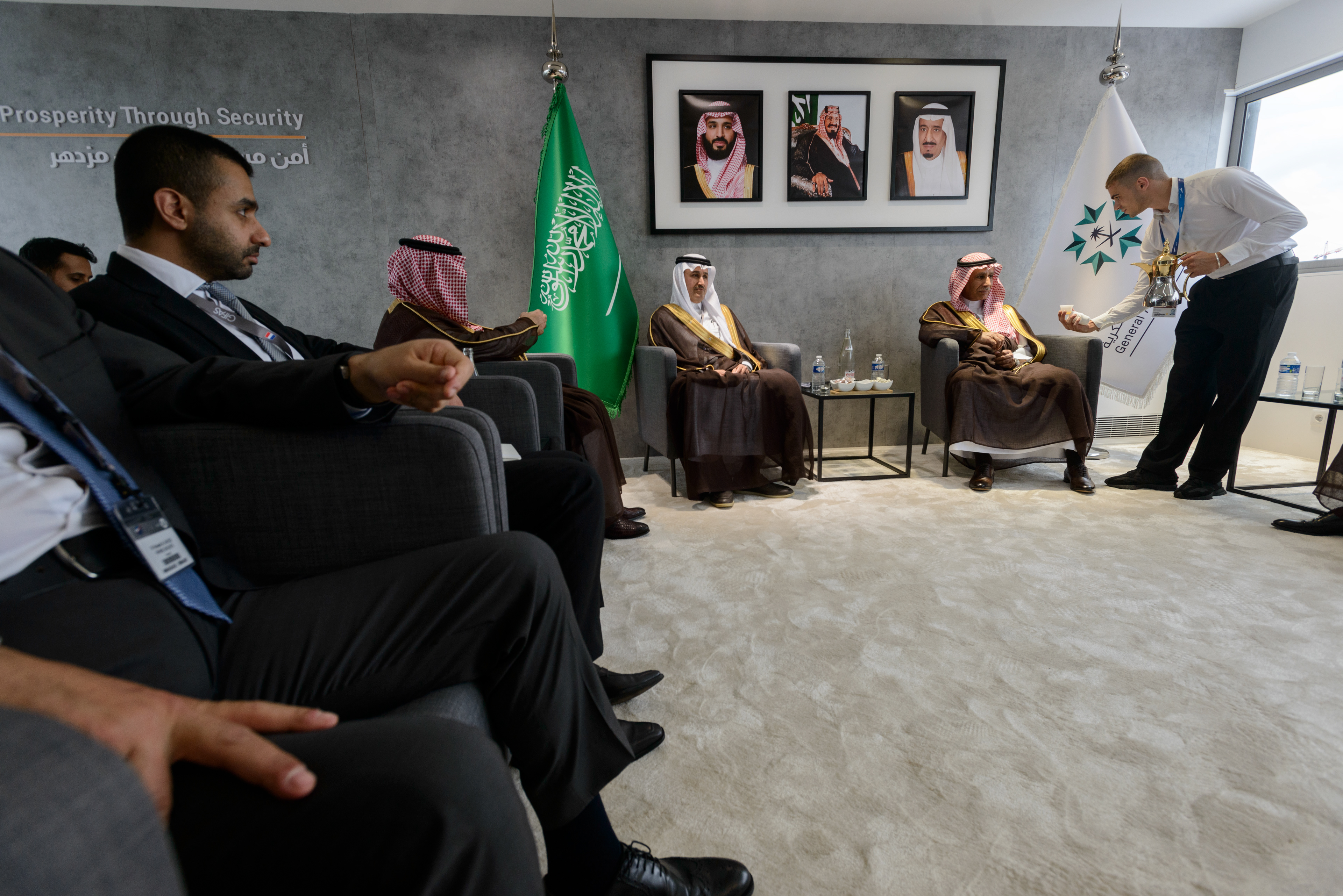 Musad AbdulSaudi government officials visiting the 54th Paris Air show to promote the Saudi plan for a six-runway mega airport in Riyadh and the the new Saudi Arabian flag carrier Riyadh Air, scheduled to launch in early 2025, part of Saudi Arabia's Vision 2030 Investment plan to diversify its economy away from oil. Le Bourget, France.