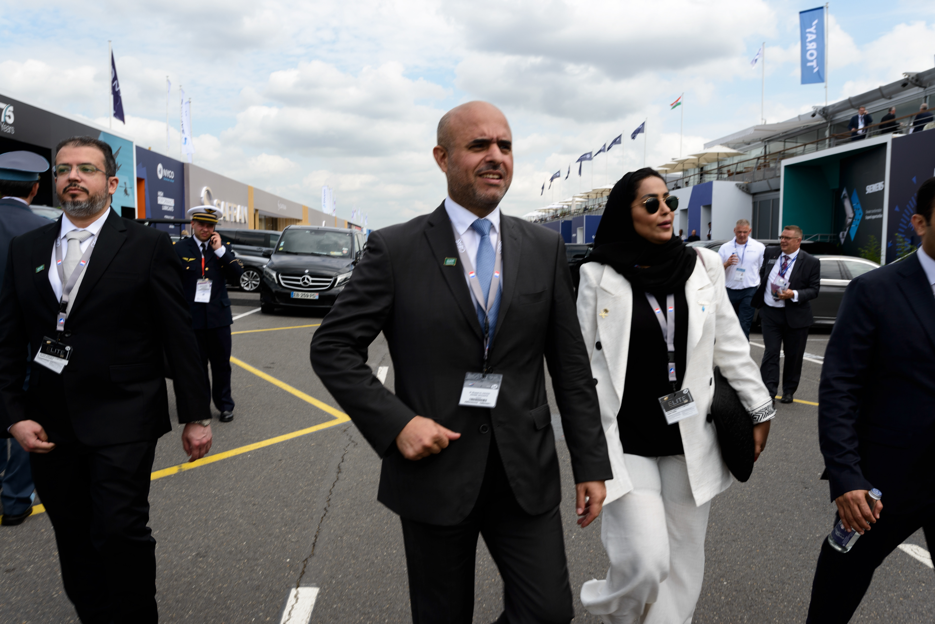 Musad Abdulaziz Al-Daood, the CEO of the Riyadh Aiirports Company, and his delegation visiting the 54th Paris Air show to promote the Saudi plan for a six-runway mega airport in Riyadh and the the new Saudi Arabian flag carrier Riyadh Air, scheduled to launch in early 2025, part of Saudi Arabia's Vision 2030 Investment plan to diversify its economy away from oil. Le Bourget, France.