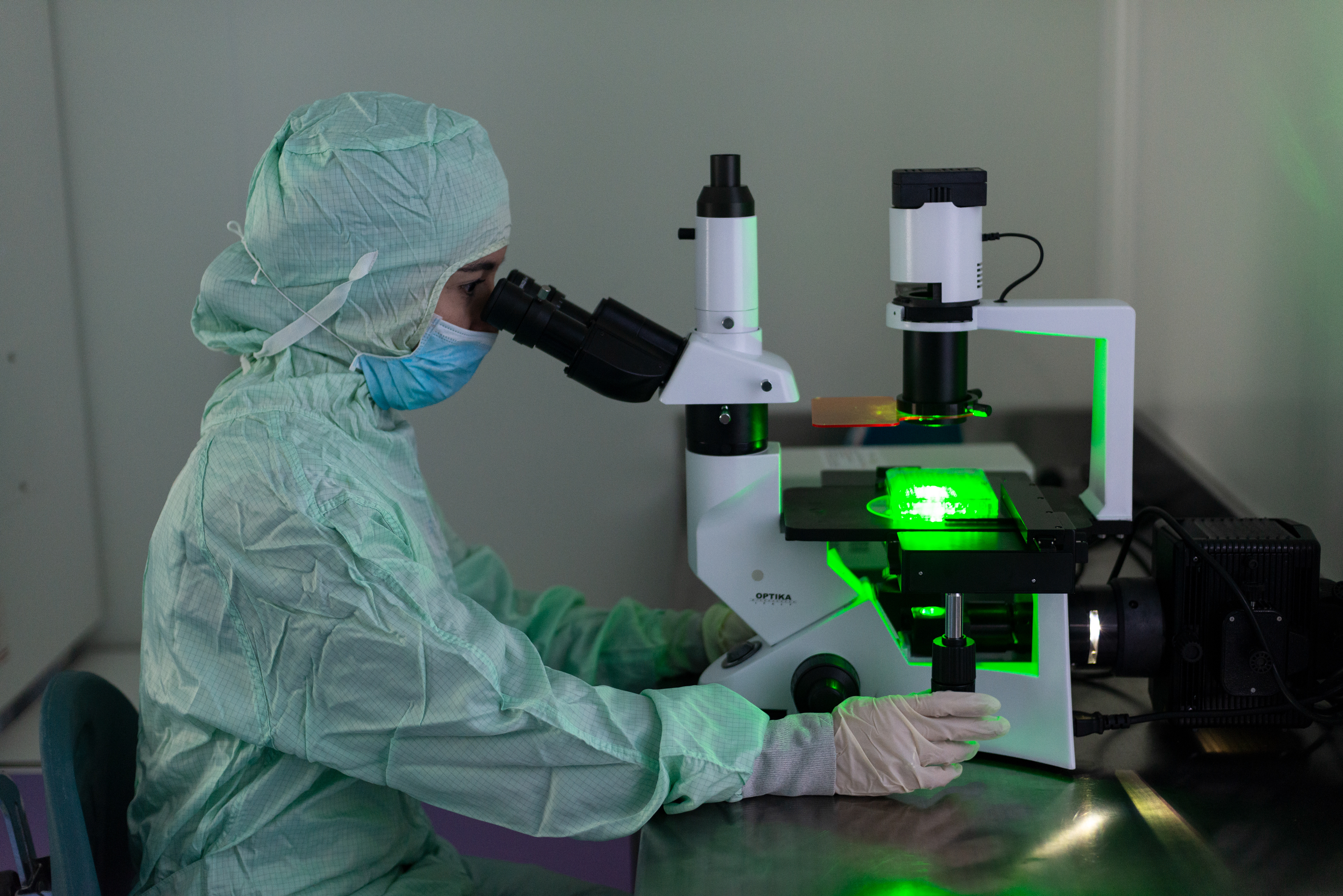 Researcher Najete Safini working in the virology unit of the MCI Santé Animale laboratory.