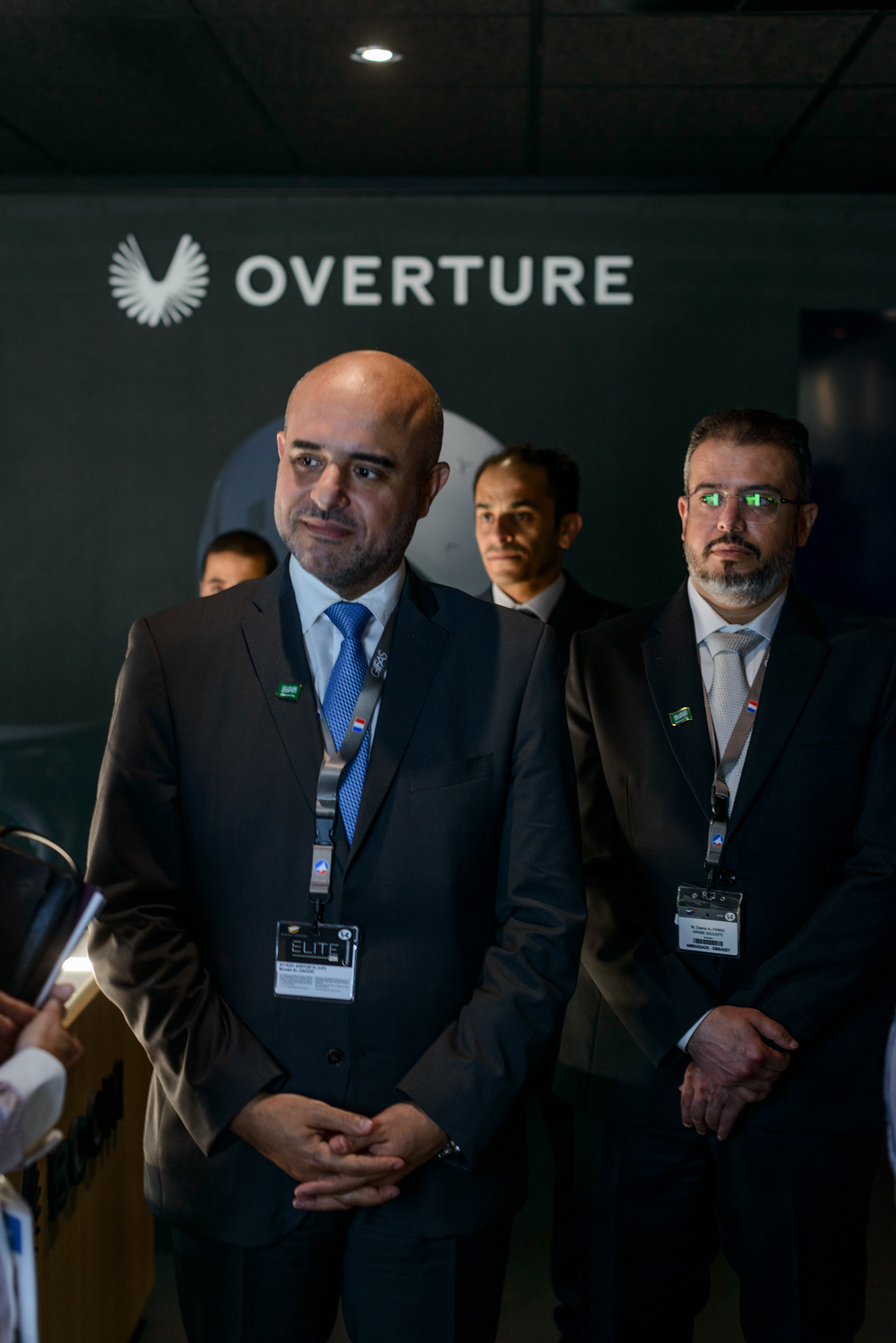 Musad Abdulaziz Al-Daood, the CEO of the Riyadh Aiirports Company, and his delegation visiting the Boom Supersonic Overture building and meeting CEO Blake Scholl at the 54th Paris Air show. The delegation is in Paris to promote the Saudi plan for a six-runway mega airport in Riyadh and the the new Saudi Arabian flag carrier Riyadh Air, scheduled to launch in early 2025, part of Saudi Arabia's Vision 2030 Investment plan to diversify its economy away from oil. Le Bourget, France.