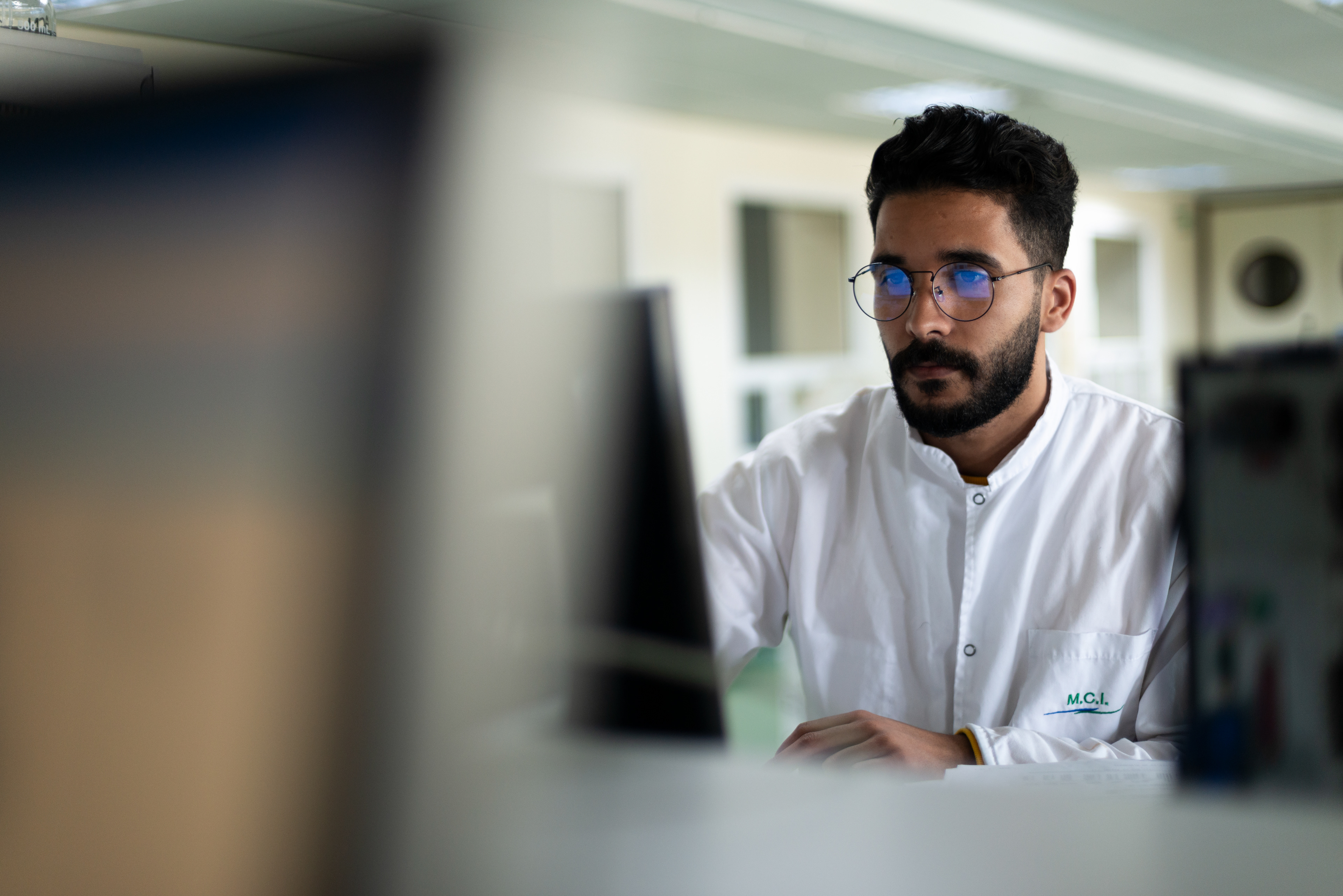 Research technician Ibrahim Koutar in the research and development unit of the MCI Santé Animale laboratory.
