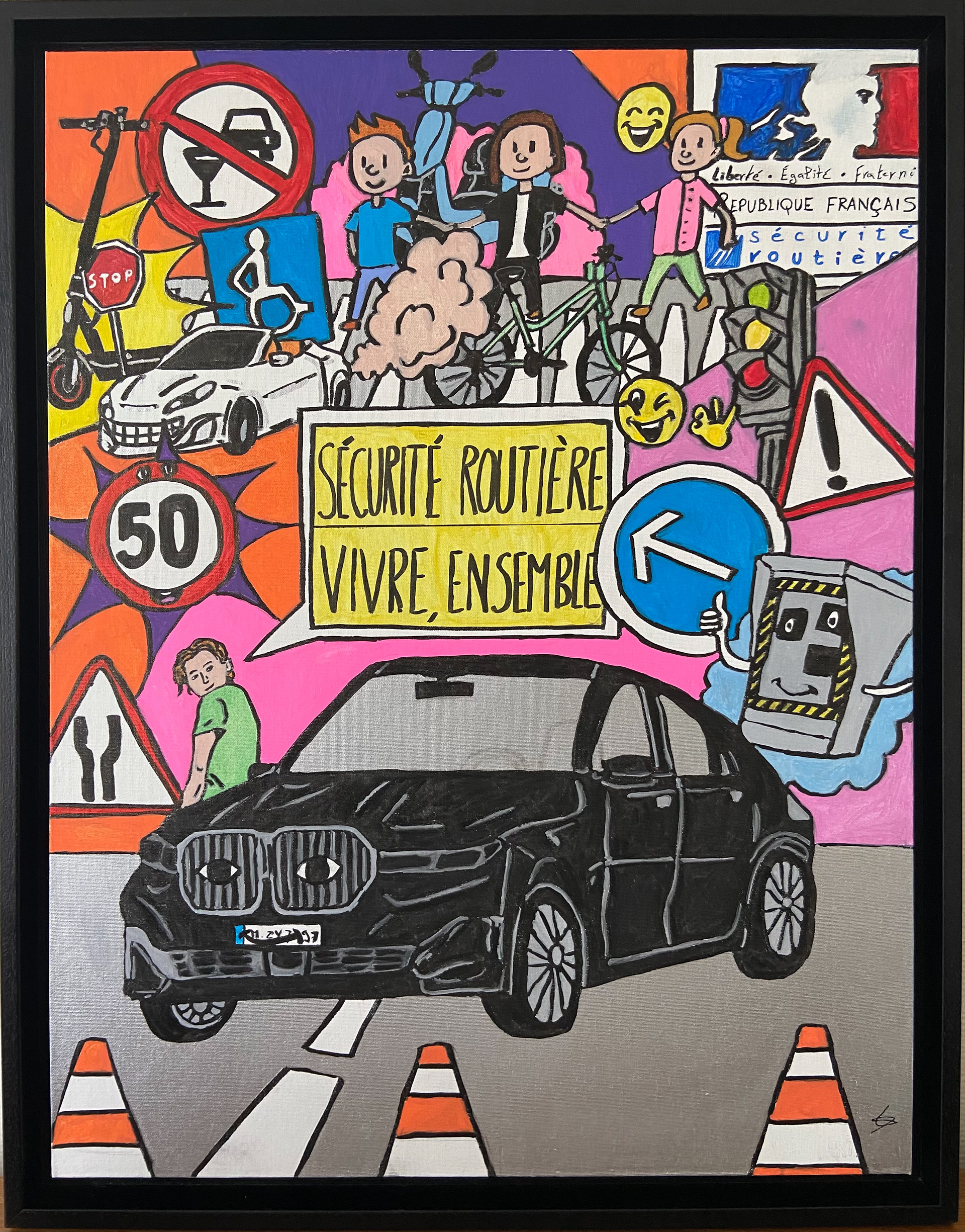 carton entoilé 65X50cm sur le thème de la sécurité routière et des enfants. Cette toile a été choisie pour participer au  projet 102, exposition qui se déroulera à l'automne 2021